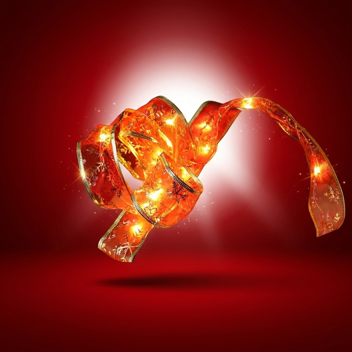 LED Seidenband Lichterkette - Geschenkband - Schneeflockenmotiv - 30 LED - L: 2,7m - Batterie - rot