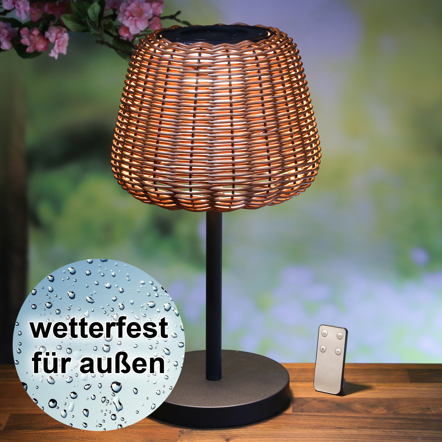 LED Garten Tischleuchte - in Rattanoptik - H 45cm - dimmbar - aufladbar - mit Fernb - hell braun