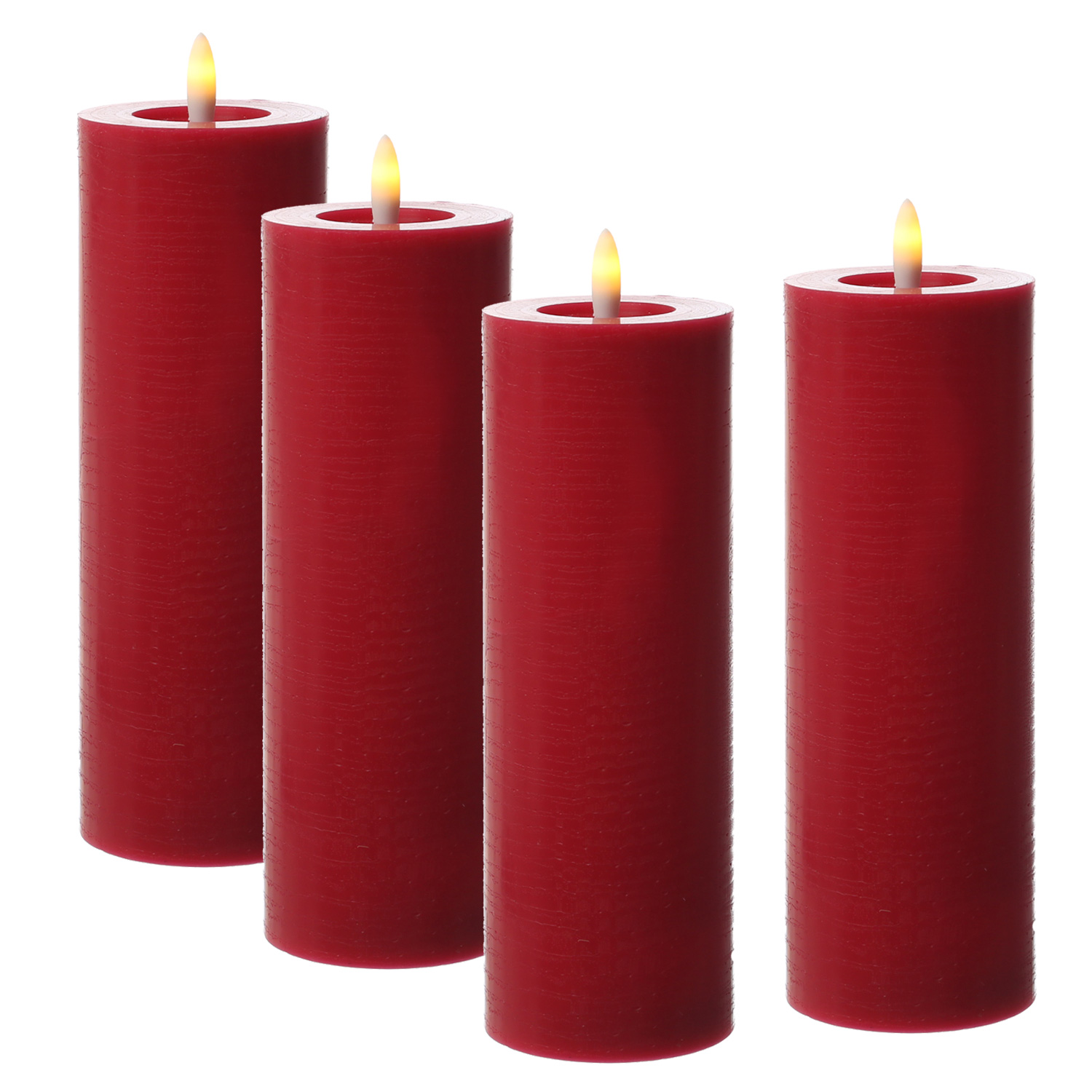 LED Kerzenset LINA - Rustik-Optik - Echtwachs - H: 20cm - D: 7cm - Timer - rot - 4er Set