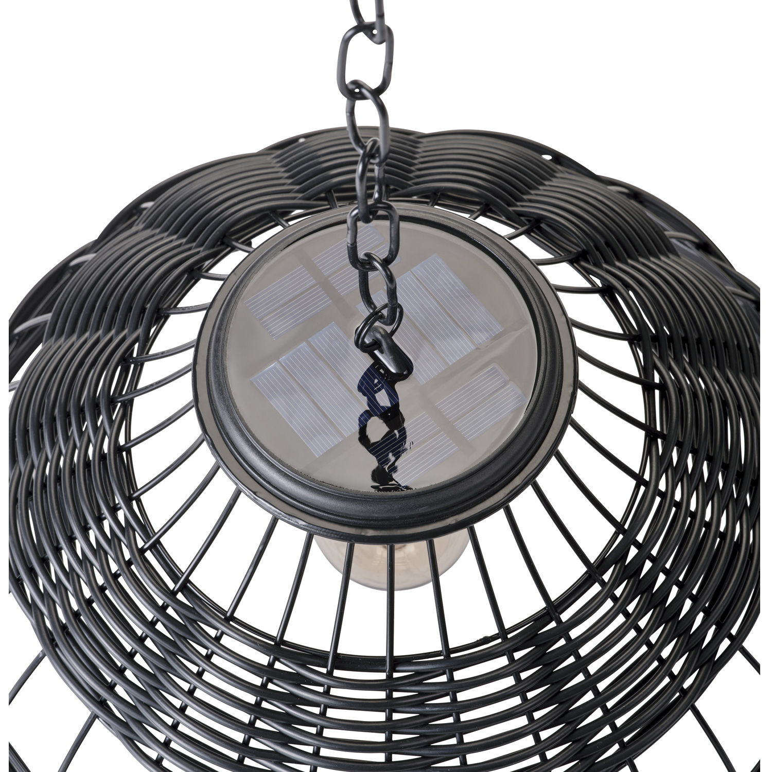 LED Solar Hängeleuchte - Lampenschirm in Korboptik - warmweiße LED - D: 37cm - Lichtsensor - schwarz