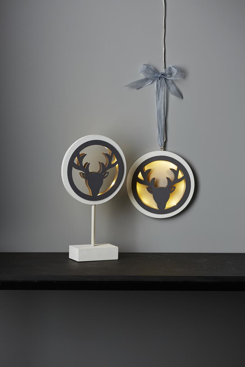 LED-Aufhänger "Jagdmeister" - 8 warmweiße LED - D:16cm - Batteriebetrieb - Timer - weiß/graues Holz
