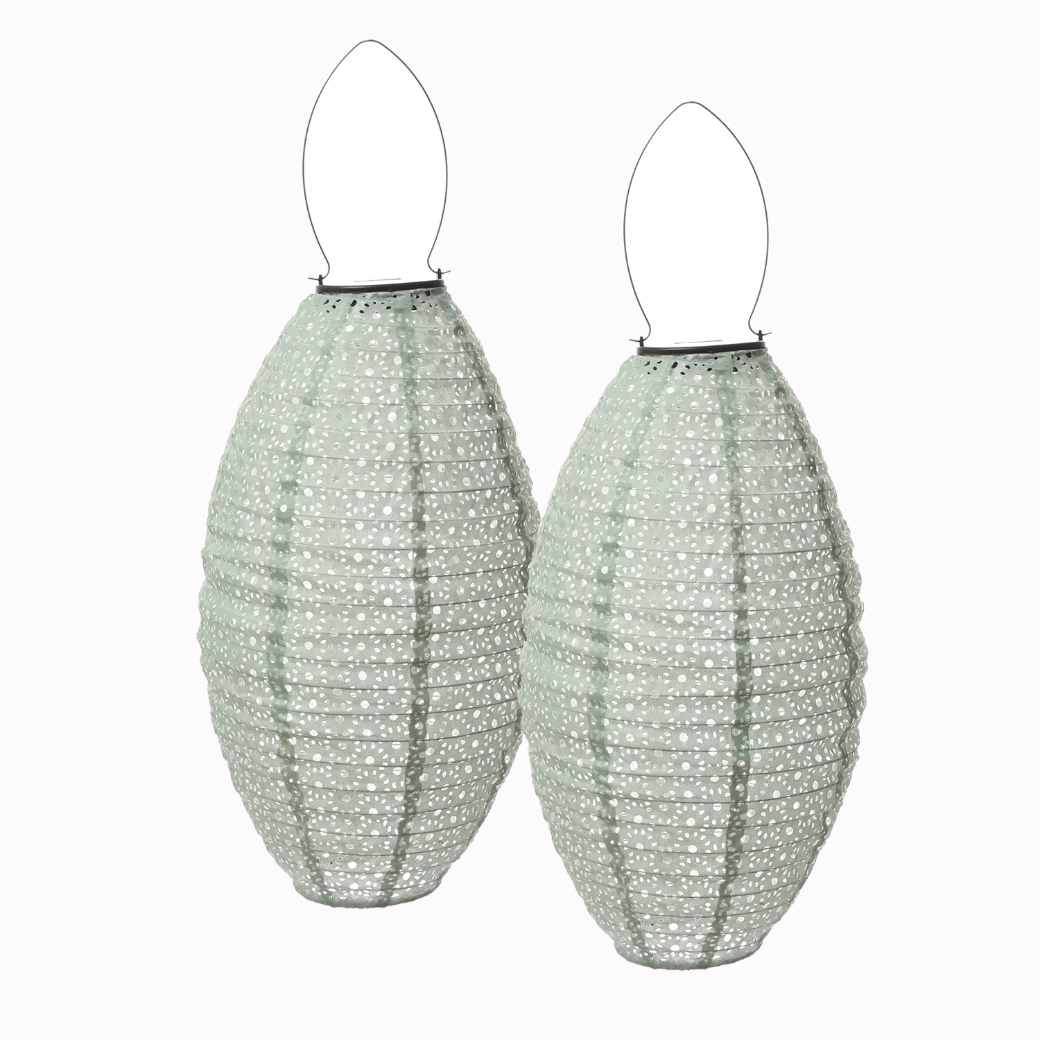 LED Solar Lampions oval - mit Blumenmuster - H: 38cm - D: 23cm - Lichtsensor - grün - 2er Set