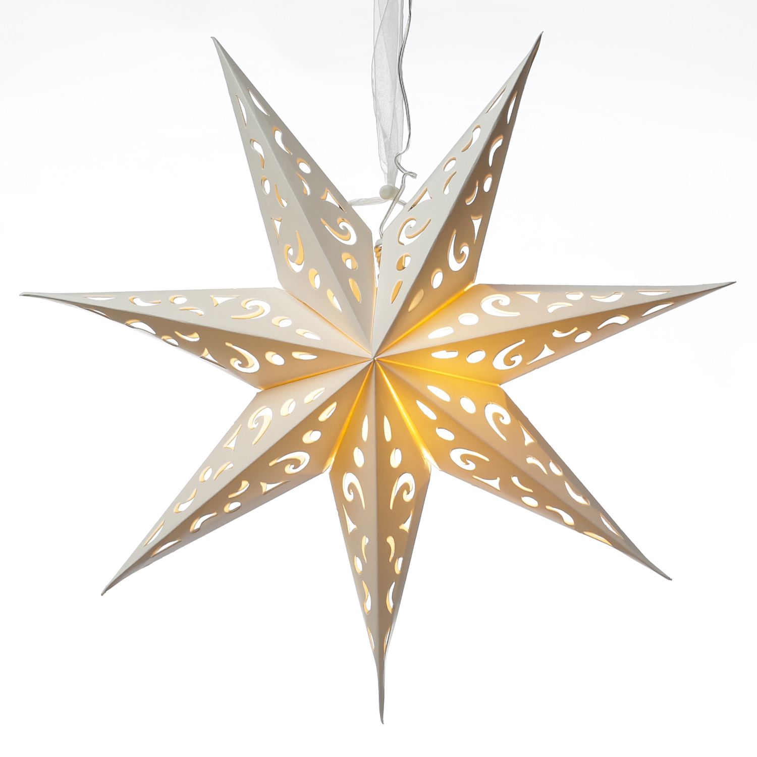 LED Papierstern - hängend - 7-zackig - 20 warmweiße LED - D: 58cm - Batterie - Timer - weiß