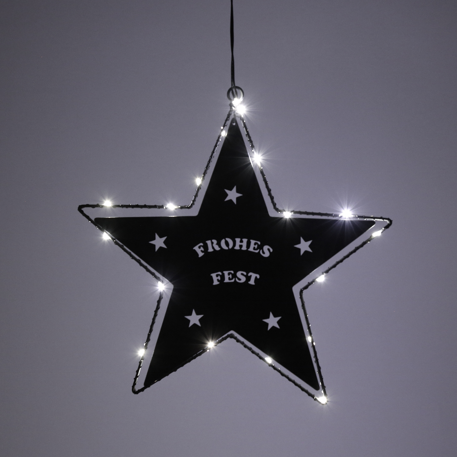 LED Hängestern FROHES FEST - Metallstern - 5-zackig - D: 27cm - 20 LED - Batteriebetrieb - schwarz