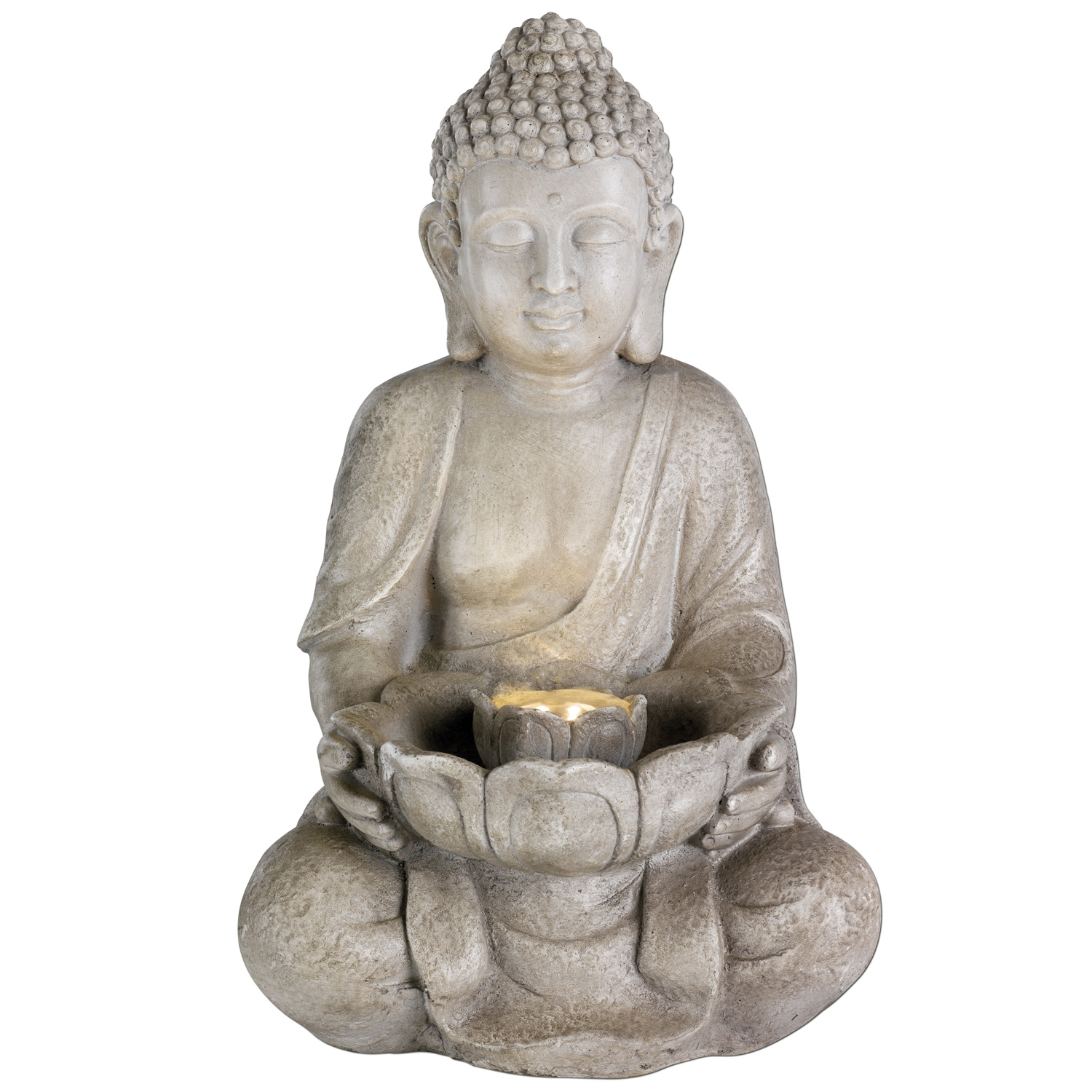 LED Brunnen Buddha - Gartenbrunnen - GRC Beton - 6 warmweiße LED - H: 45cm - Außen - grau