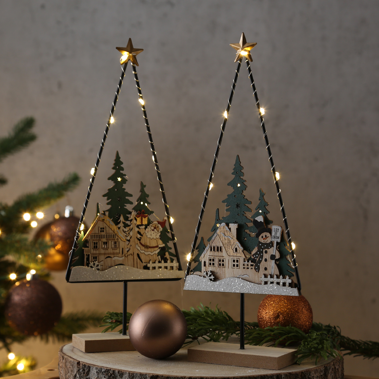 LED Dekoleuchte SCHNEEMANN - Dekoobjekt - Holz - 10 warmweiße LED - H: 33cm - Batteriebetrieb