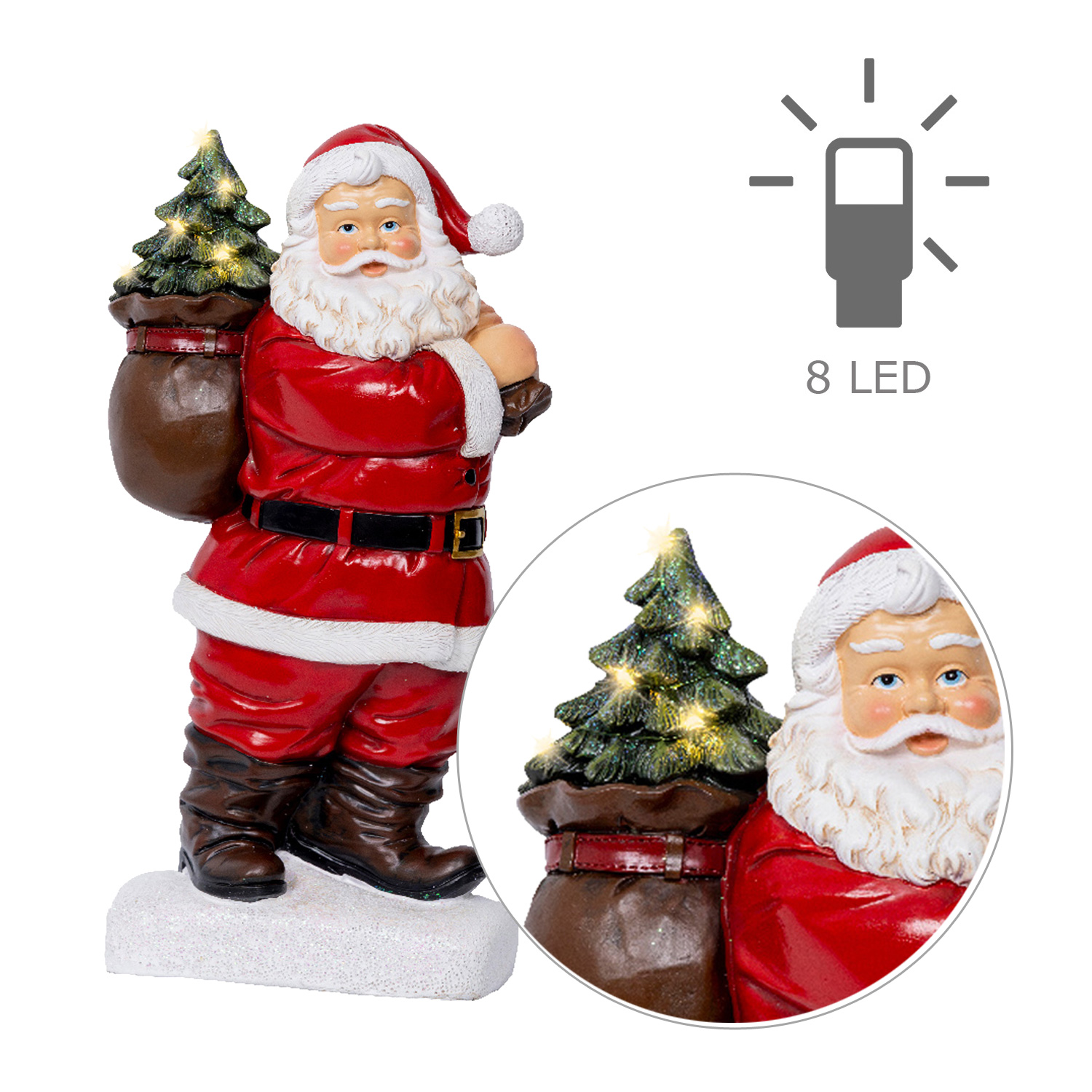 LED Weihnachtsmann mit leuchtendem Tannenbaum - Dekofigur aus Polyresin - H: 30cm - Batteriebetrieb