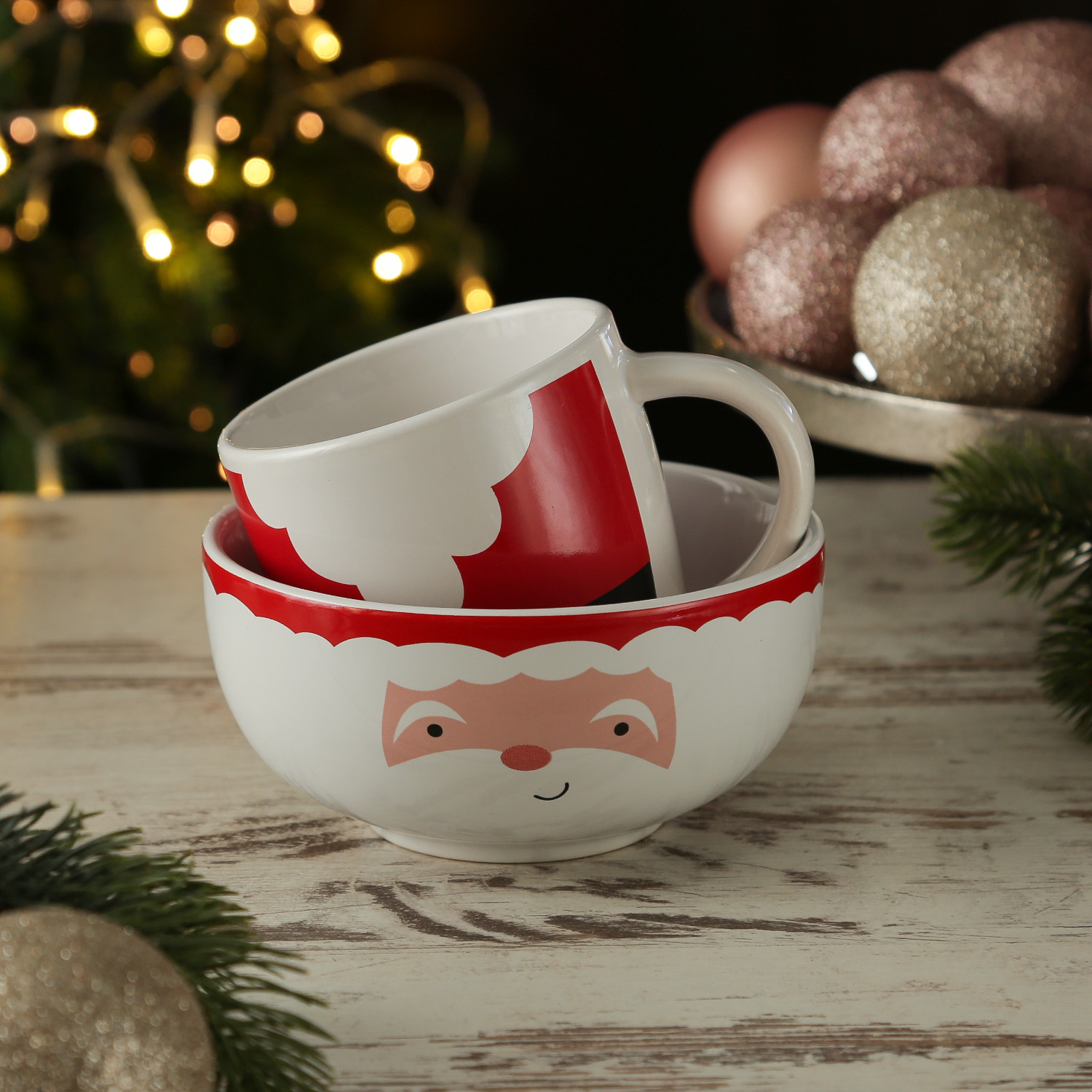 Frühstücksset Weihnachtsmann - Becher und Müslischale - Steingut - Geschirrset Weihnachten