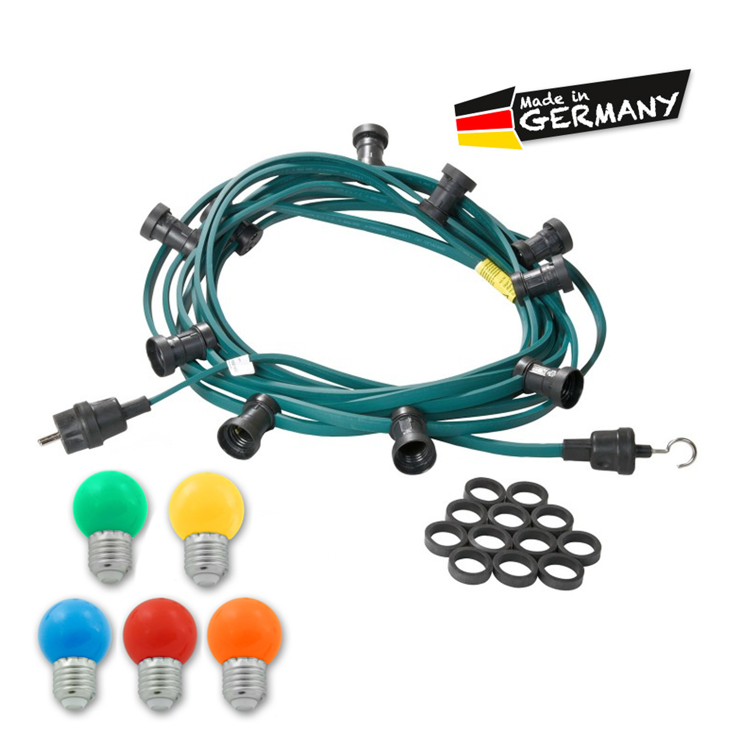 Illu-/Partylichterkette | E27-Fassungen | Made in Germany | mit farbigen, matten LED-Lampen | 5m | 5x E27-Fassungen