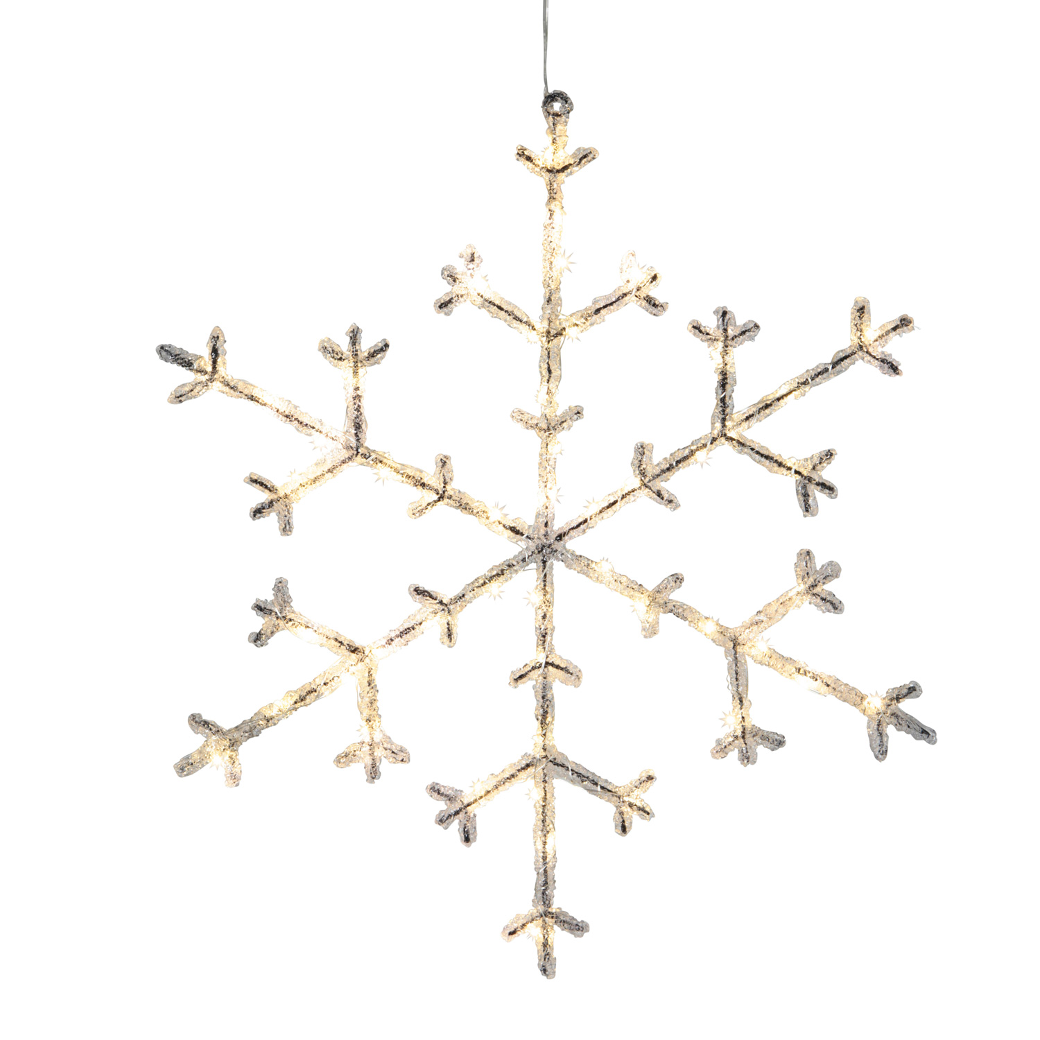 LED Schneeflocke - hängend - 50 warmweiße LED - H: 47cm - inkl. Trafo - für Innen - transparent