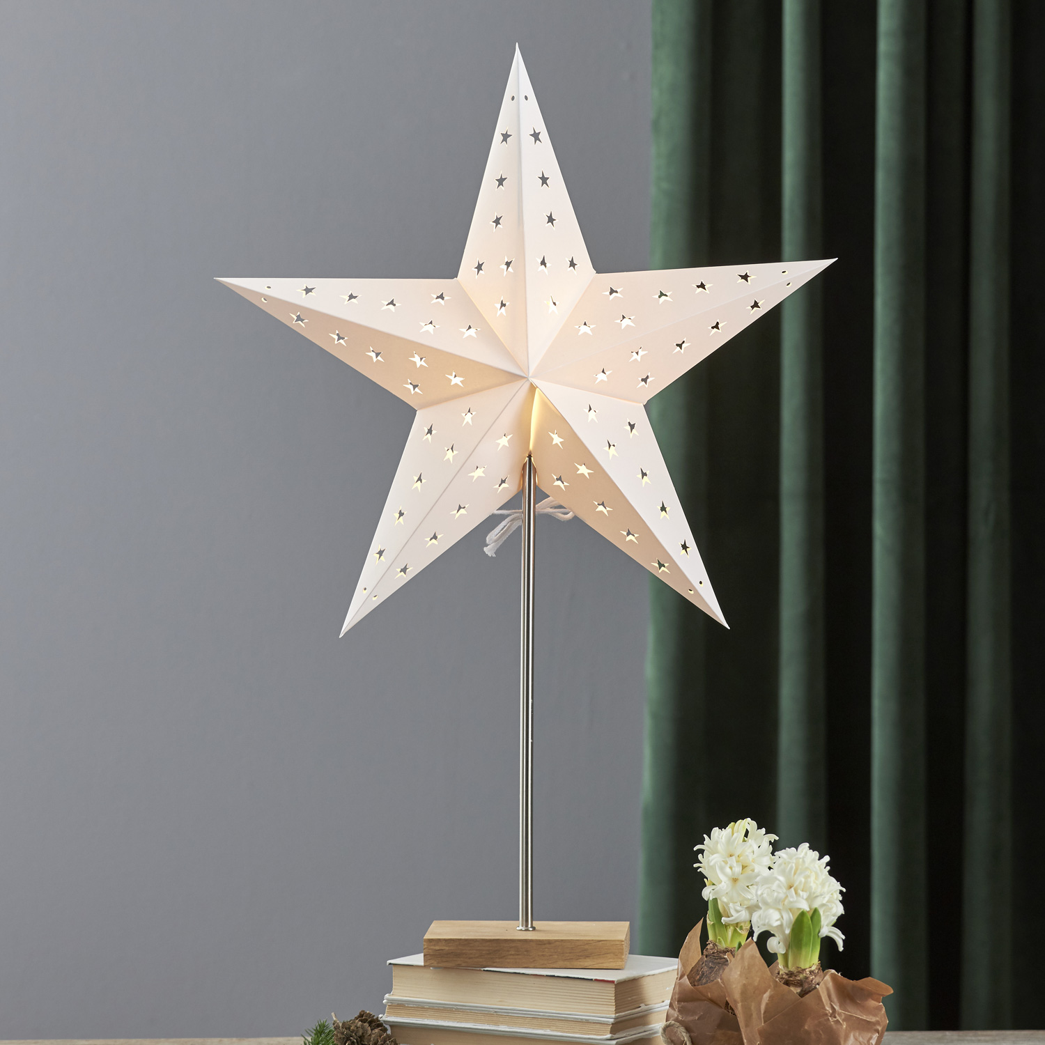 Papierstern "Leo" - stehend - 5-zackig - D: 43cm, H: 65cm - E14 Fassung - inkl. Kabel - weiß