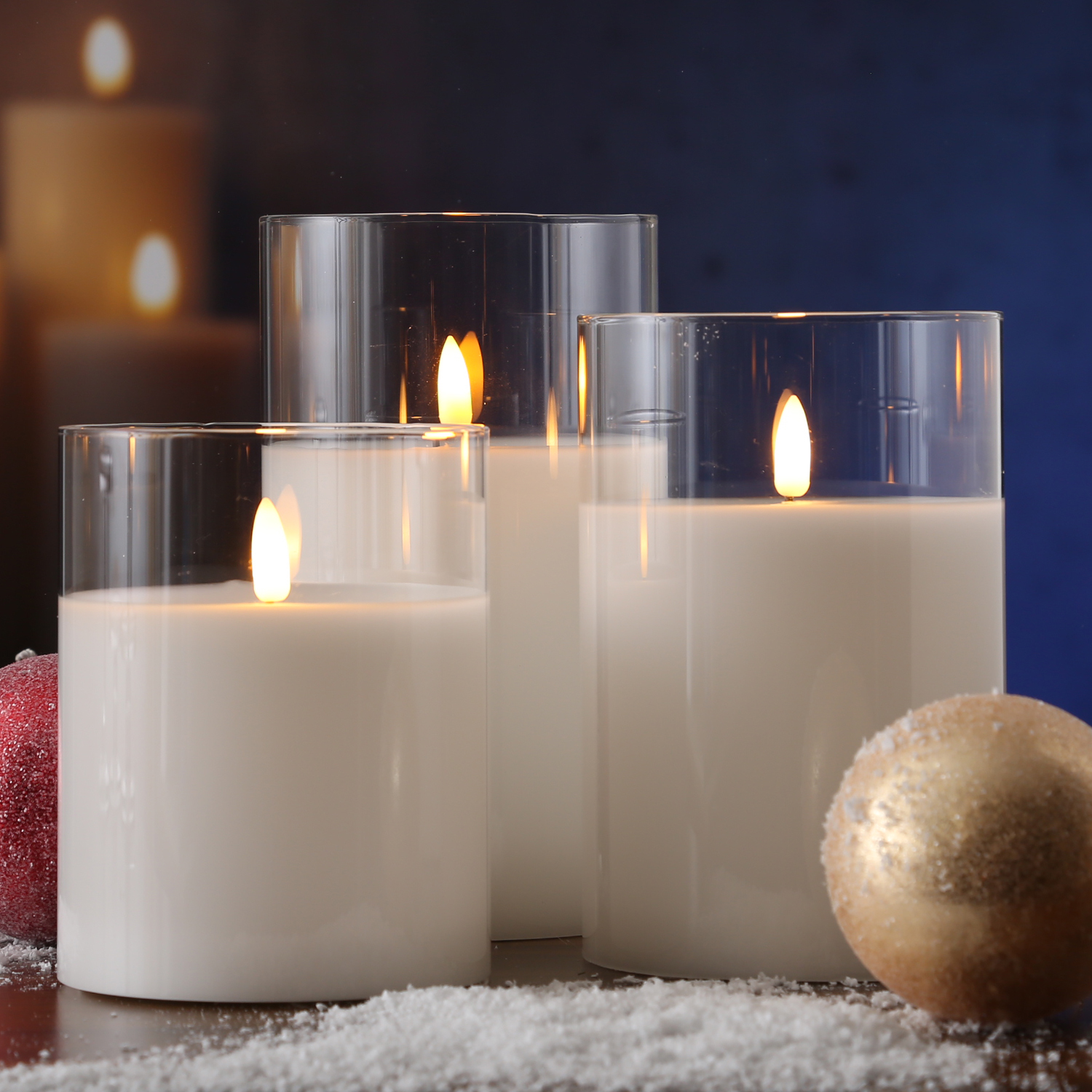 LED Kerze im Glas - Windlicht - Echtwachs - flackernde 3D Flamme - Timer - H: 17,5cm - D: 10cm