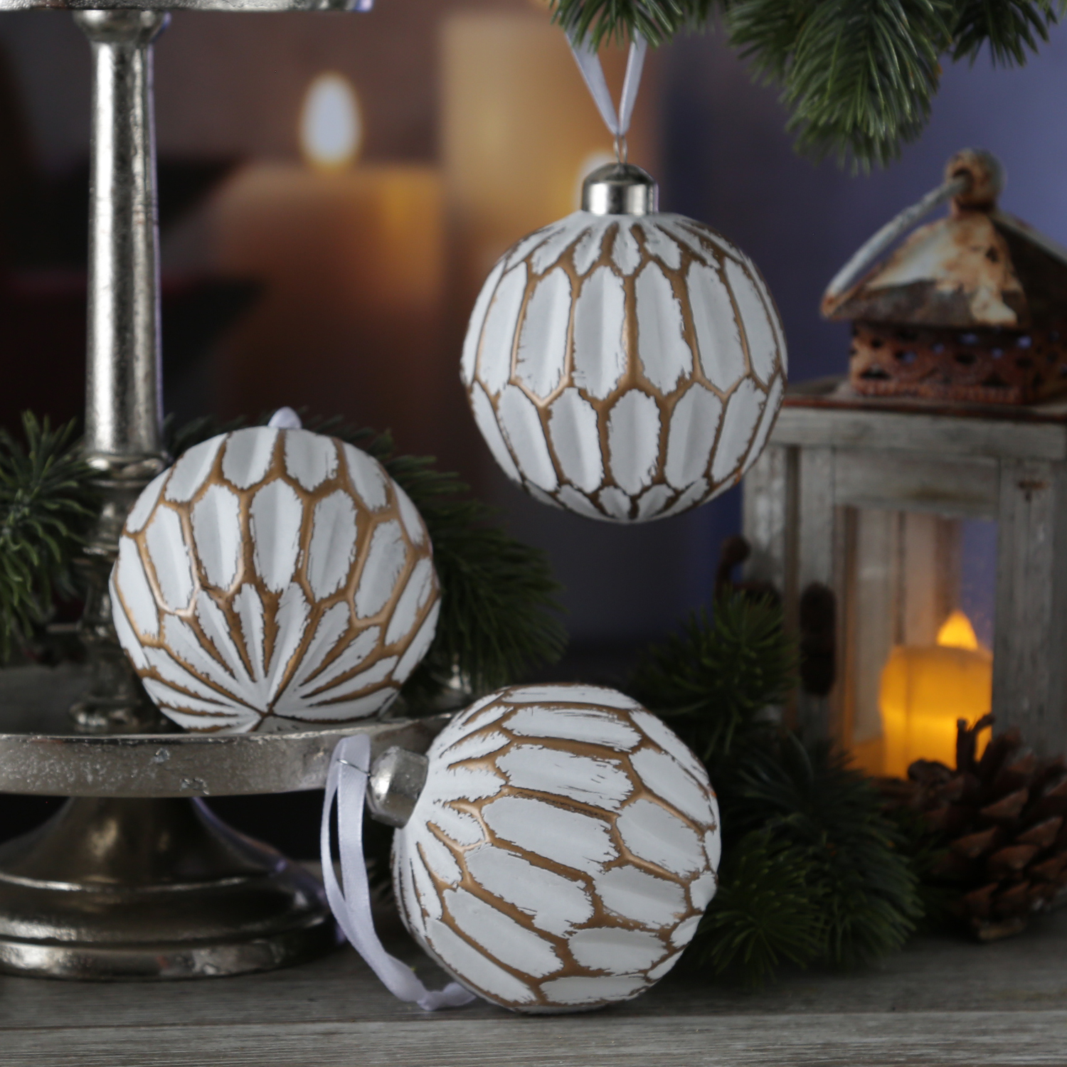 Christbaumkugel - Weihnachtsbaumkugel - Glas - D: 8cm - matt - weiß, gold - 12er Set