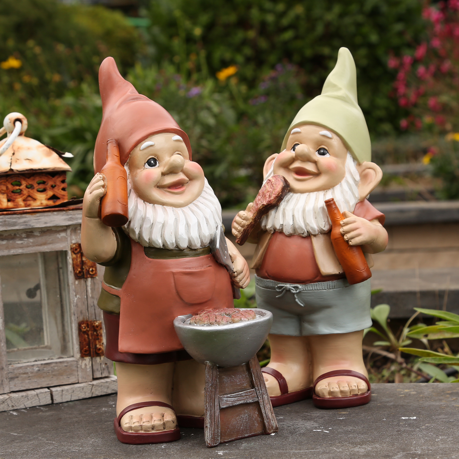 Gartenzwerg SKALLI - Zwerg mit Bier u. Fleisch - Dekofigur - Polyresin - H: 23cm - bunt