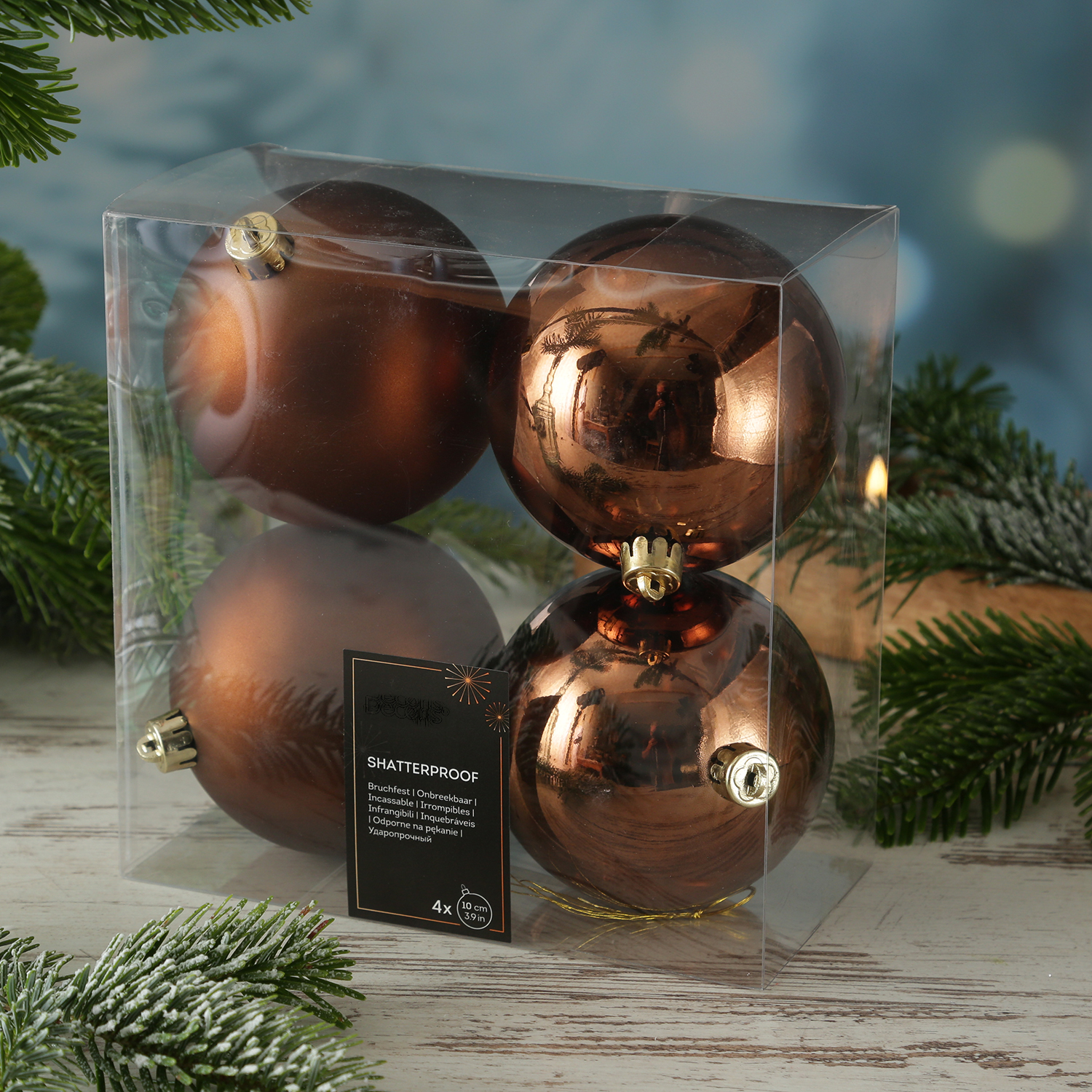 Christbaumkugeln - Weihnachtsbaumkugeln - bruchfest - D: 10cm - glänzend/matt - braun - 4er Set