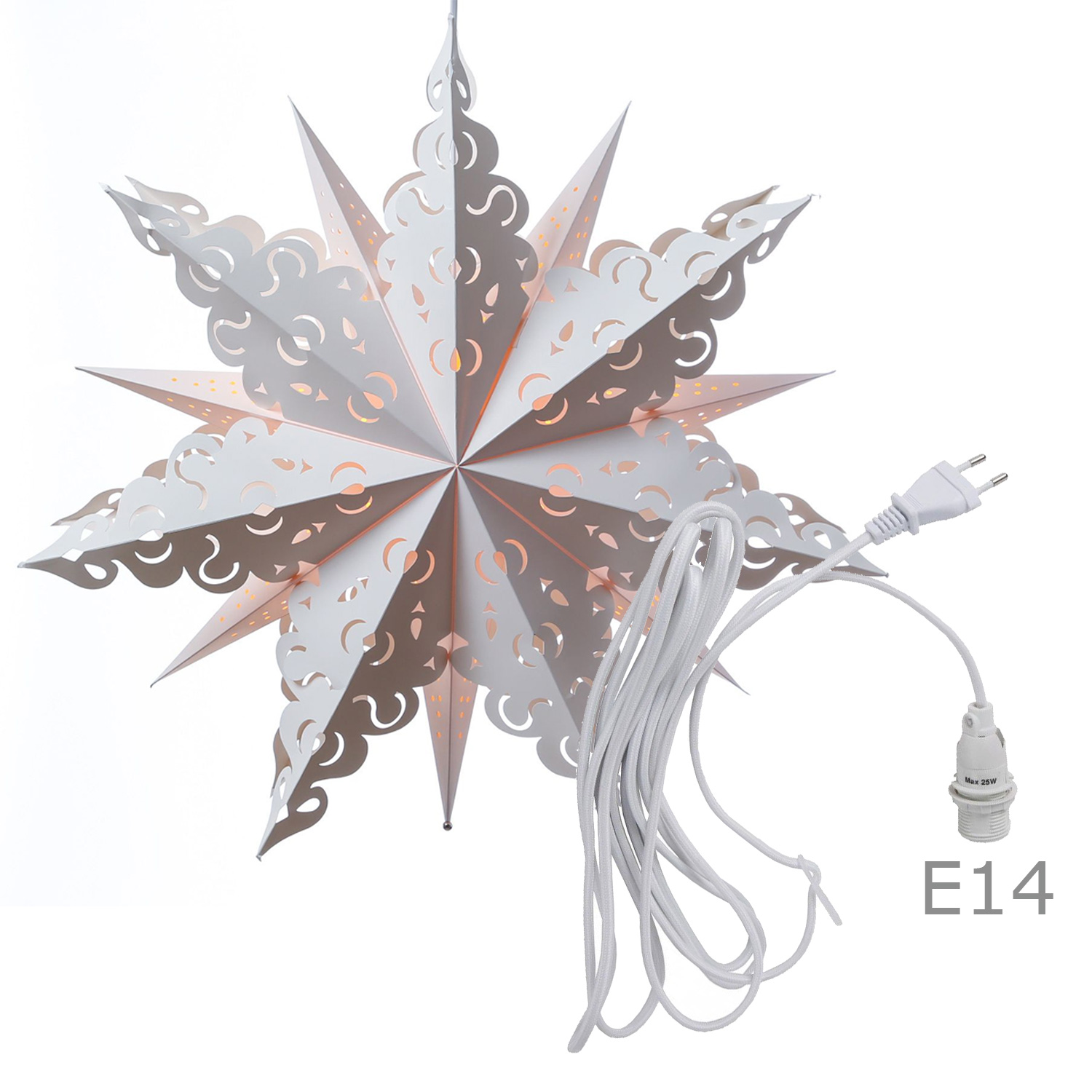 Papierstern CRYSTAL - hängend - D 62cm - inkl. E14 Fassung und Kabel - weiß