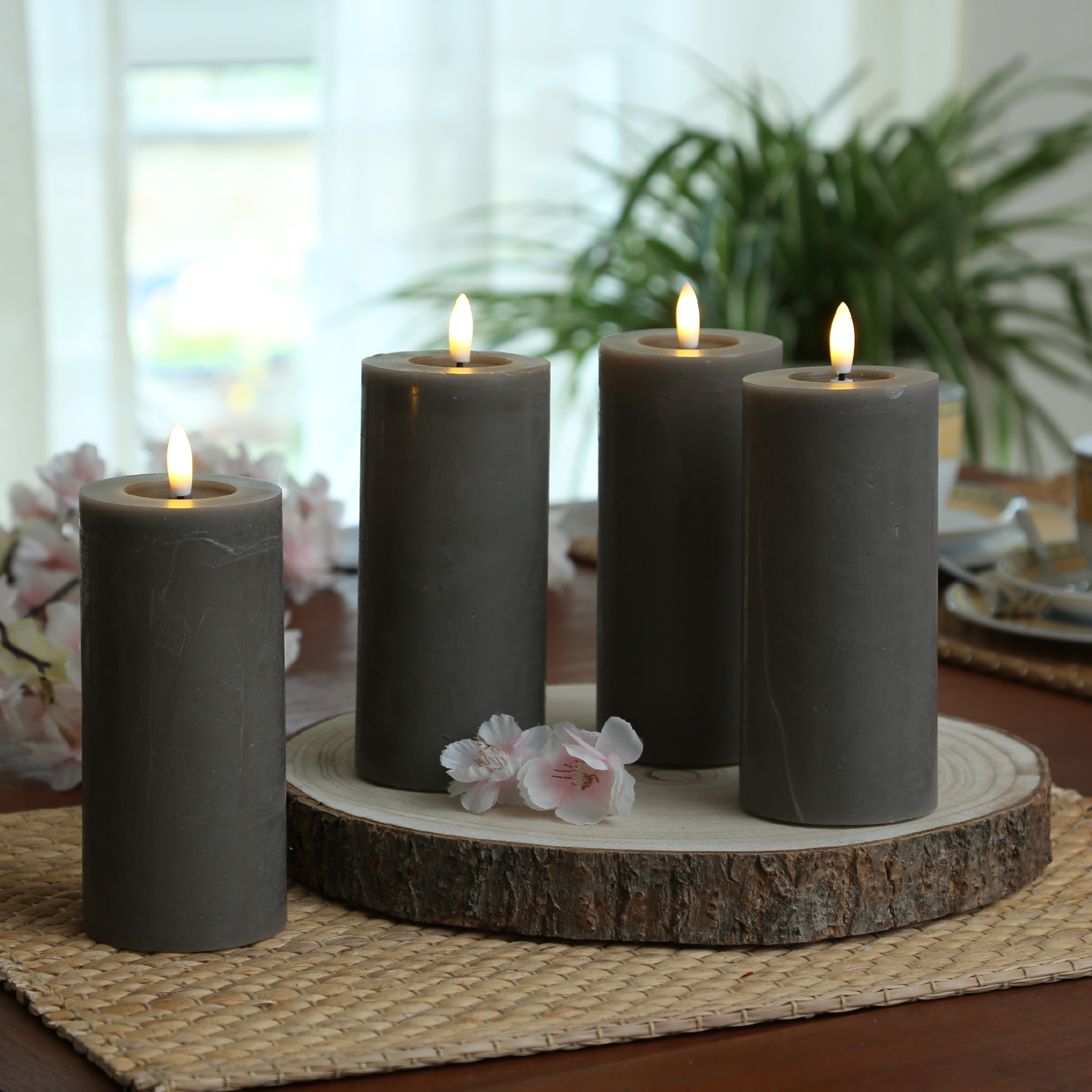 LED Kerzenset LINA - Rustik-Optik - Echtwachs - H: 15cm - D: 7cm - Timer - grau - 4er Set
