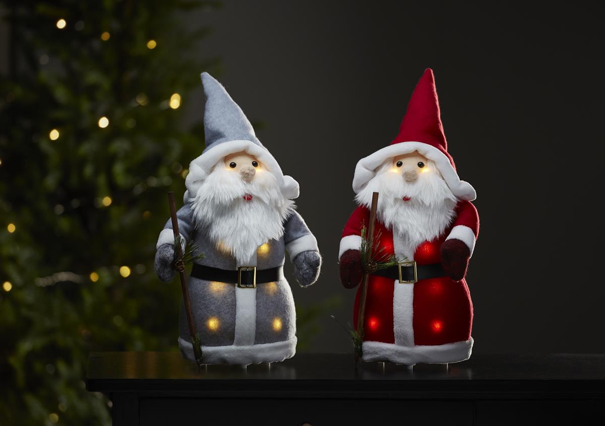LED Stoff-Figur Weihnachtsmann - graue Mütze & Schal - 8 warmweiße LED - H: 38cm - Batteriebetrieb