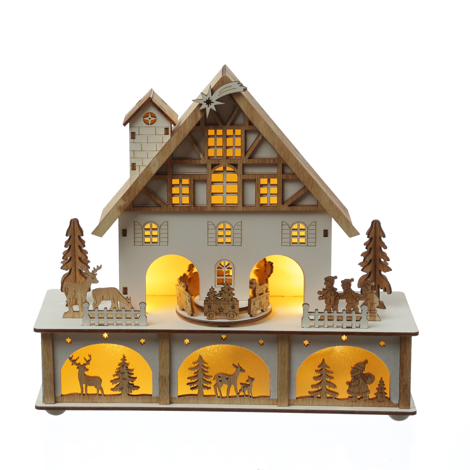 LED Weihnachtshaus mit Musik und drehendem Karussell - beleuchtete Weihnachtsszene - H: 25cm