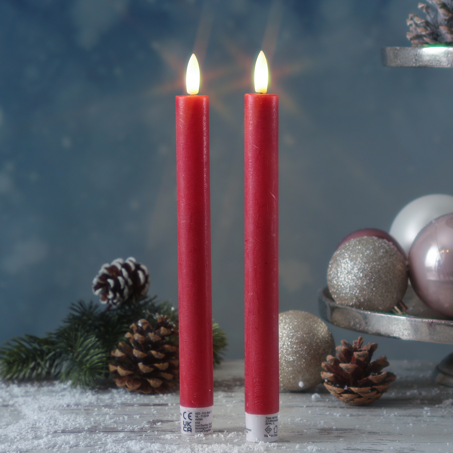 LED Stabkerzen LINA - Rustik-Optik - Echtwachs - 3D Flamme - H: 24cm - Timer - rot - 2er Set