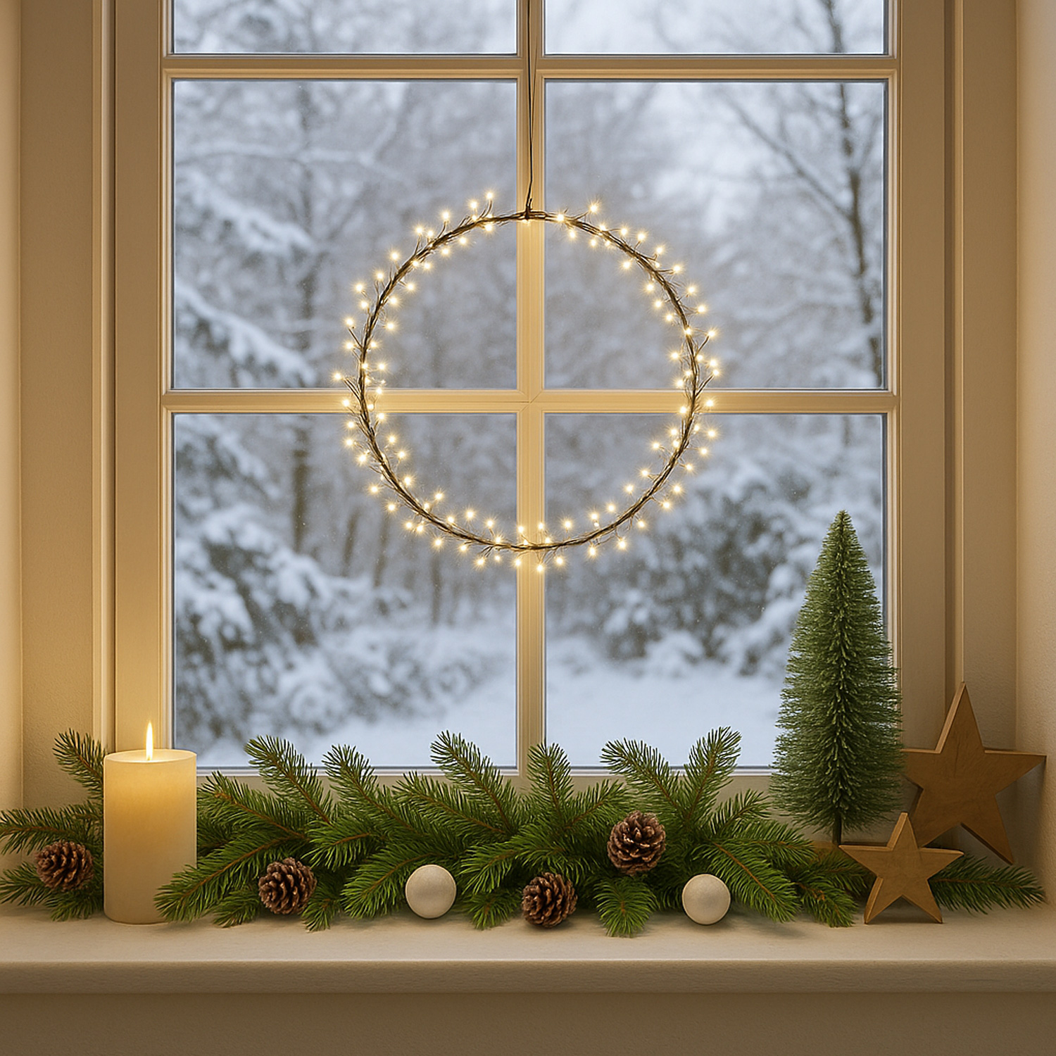 LED Kranz - Lichtkranz - 90 warmweiße LED - D: 24cm - Batterie - Timer - für Innen - schwarz