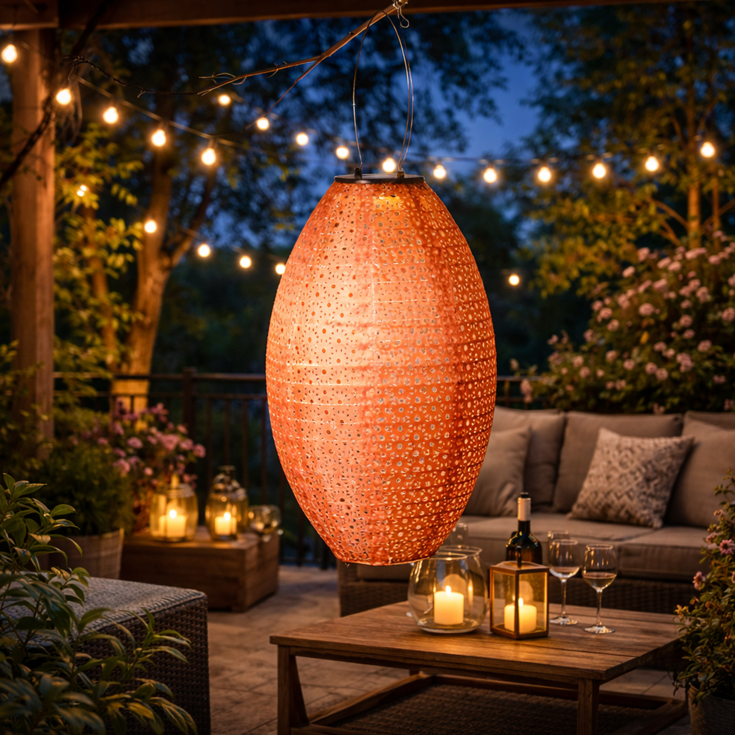 LED Solar Lampion oval - mit Blumenmuster - warmweiße LED - H: 38cm - D: 23cm - Lichtsensor - braun