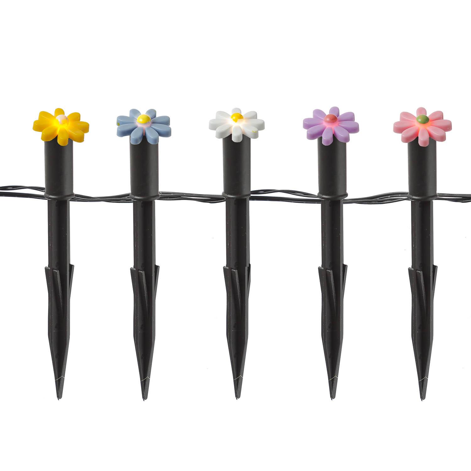 LED Solar Lichterkette Blumen - 5 Gartenstecker mit bunten Blümchen - L: 1,2m H: 17cm - Lichtsensor