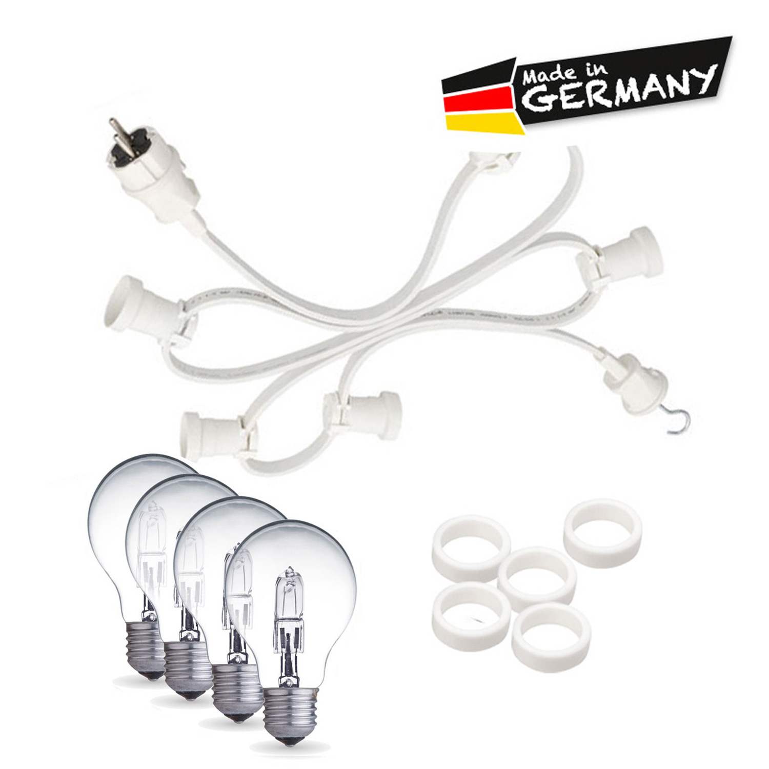 Illu-/Partylichterkette 10m - Außenlichterkette weiß - Made in Germany- 20 dimmbare Halogenlampen