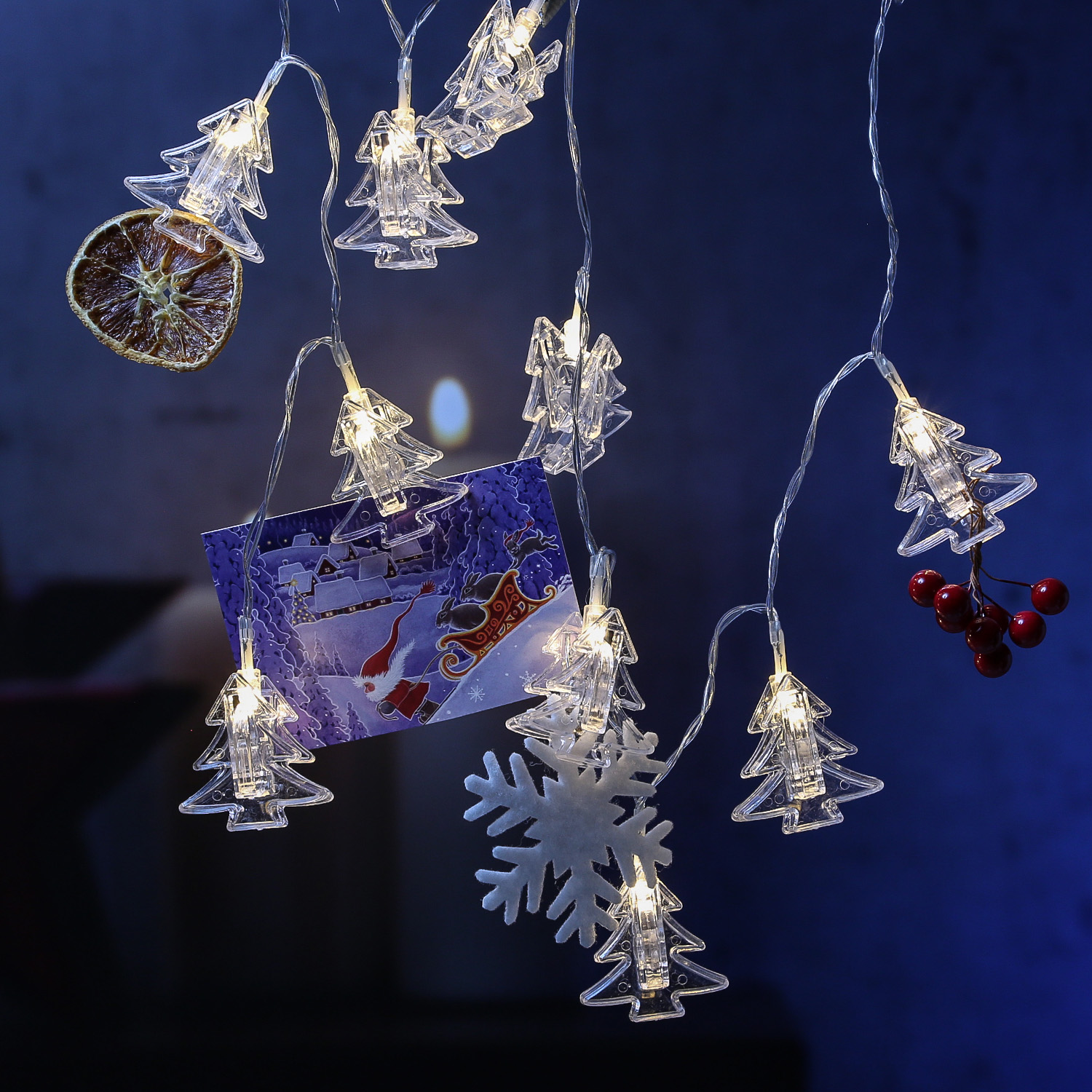 LED Clip Lichterkette TANNENBAUM - 10 Tannenklammern - 10 warmweiße LED - L: 0,9m - Batterie