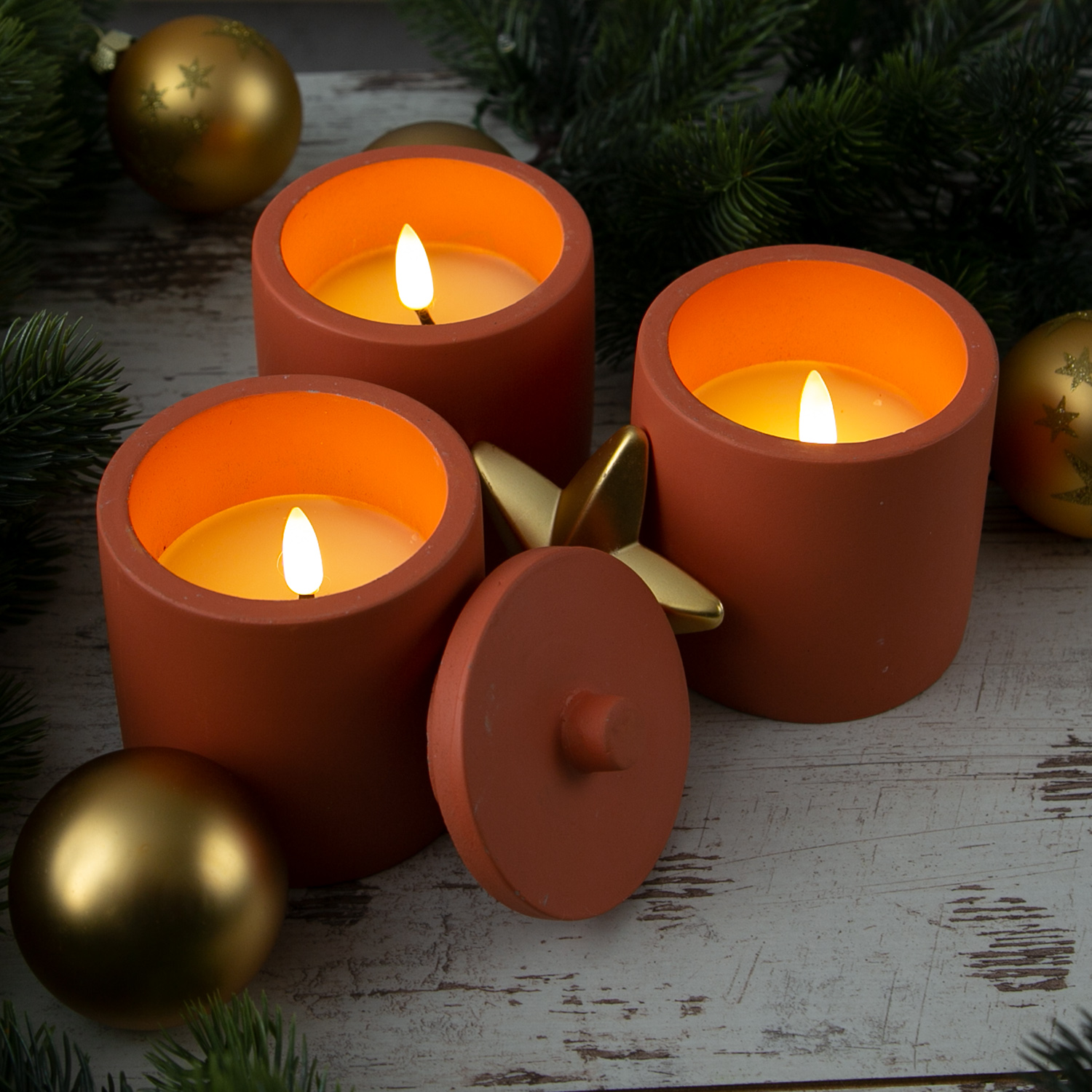 LED Kerzen im Topf - mit Deckel - Betonoptik - Timer - H: 10cm D: 8cm - terracotta - 3er Set