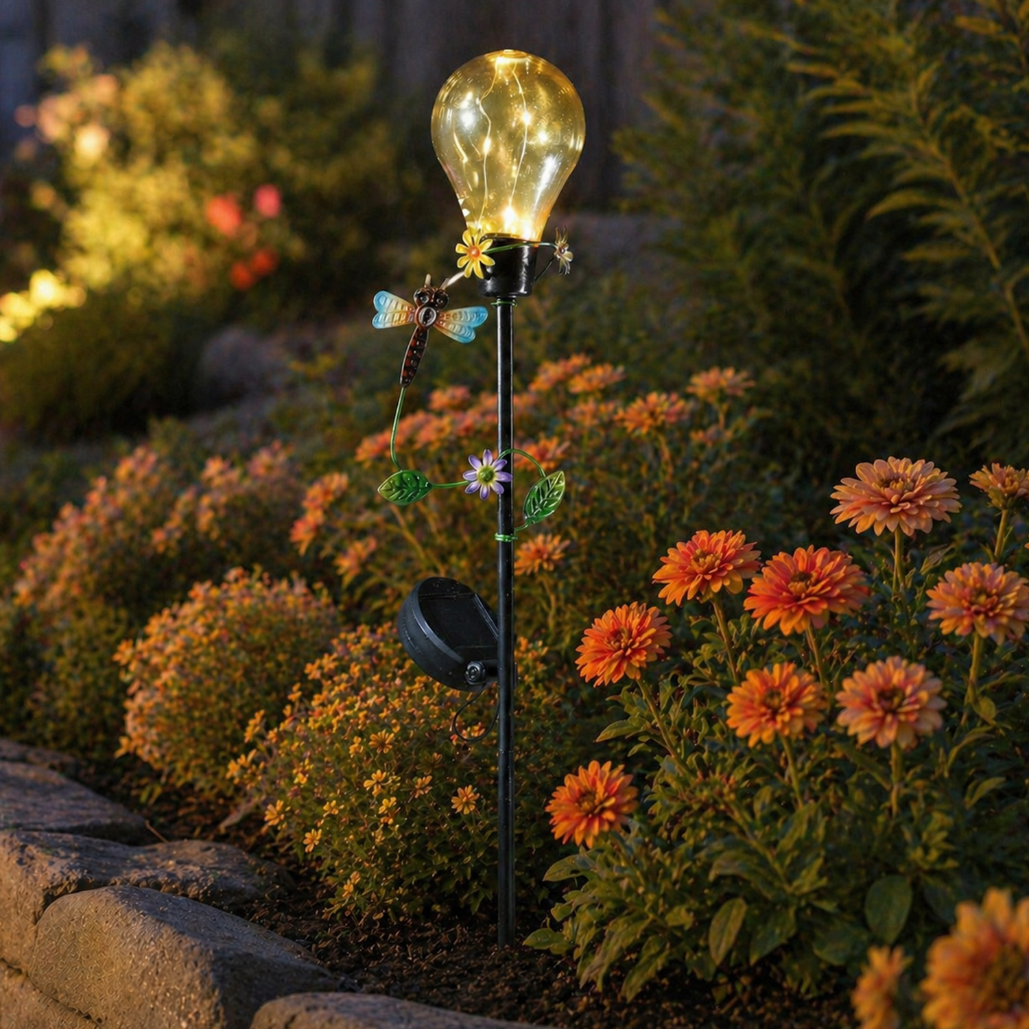LED Solar Gartenstecker Glühbirne mit Libelle - 5 warmweiße LED - H: 84cm - Lichtsensor