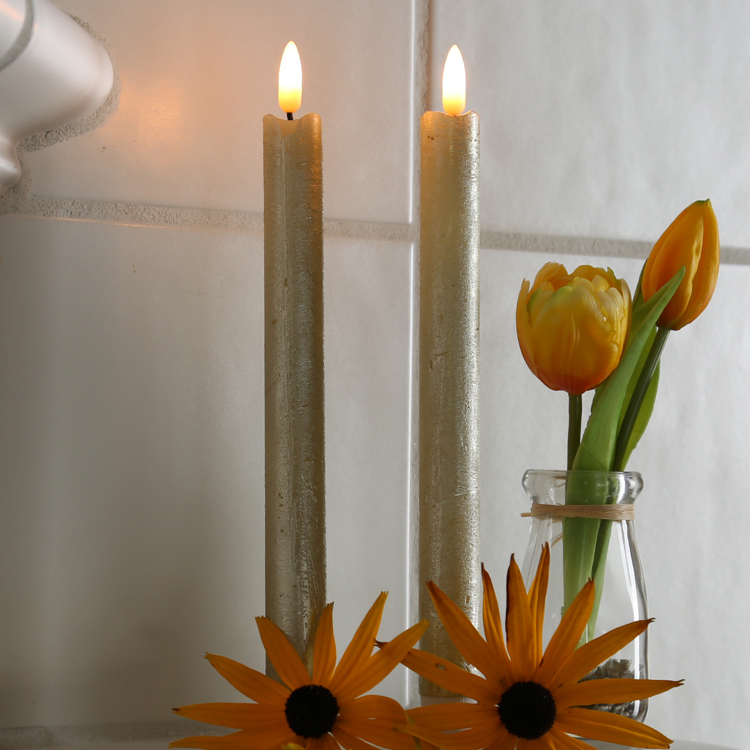 B-Ware LED Stabkerzen Flamme - Echtwachs - flackernde warmweiße LED - H: 25cm - gold - 2er Set