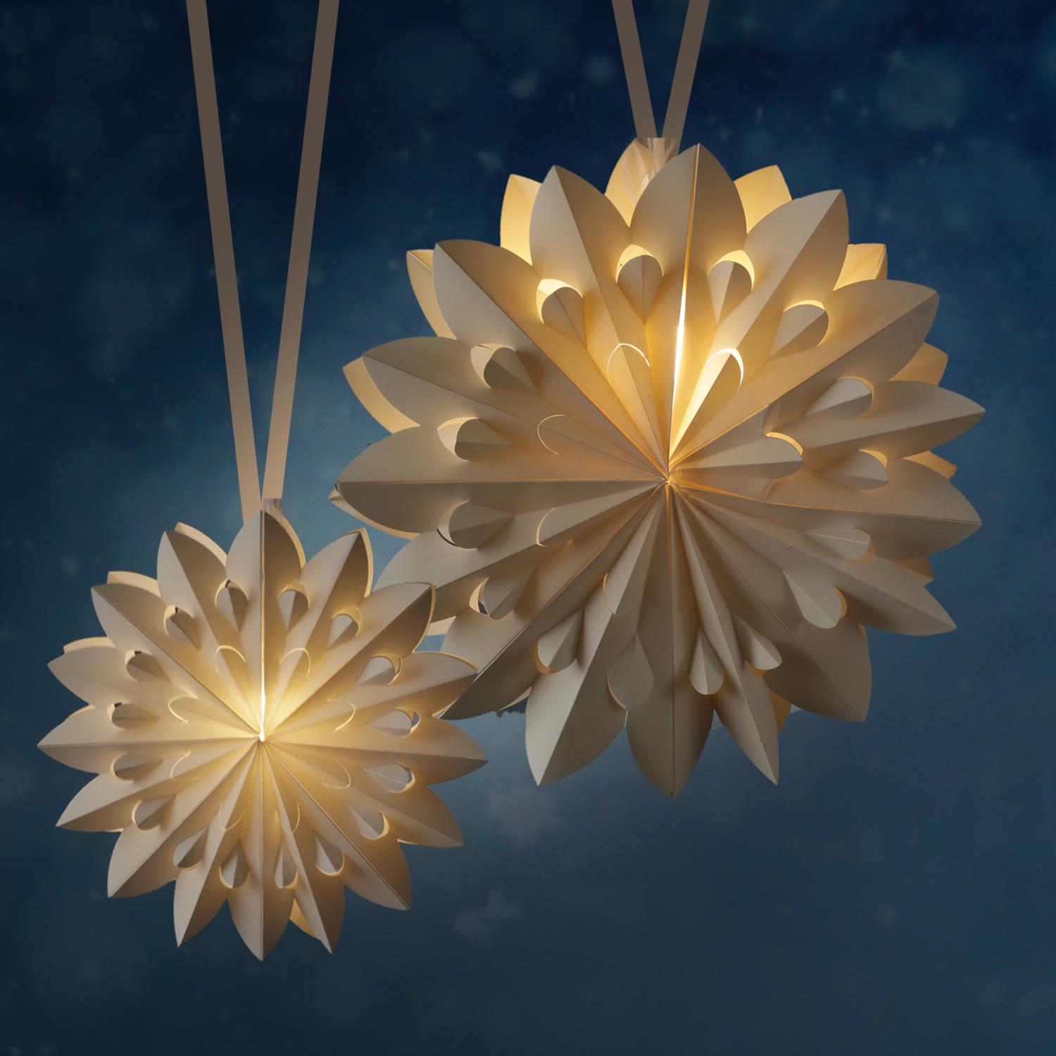 LED Papierstern - Weihnachtsstern - hängend - 6 warmweiße LED - D: 40cm - Batterie - Timer - weiß