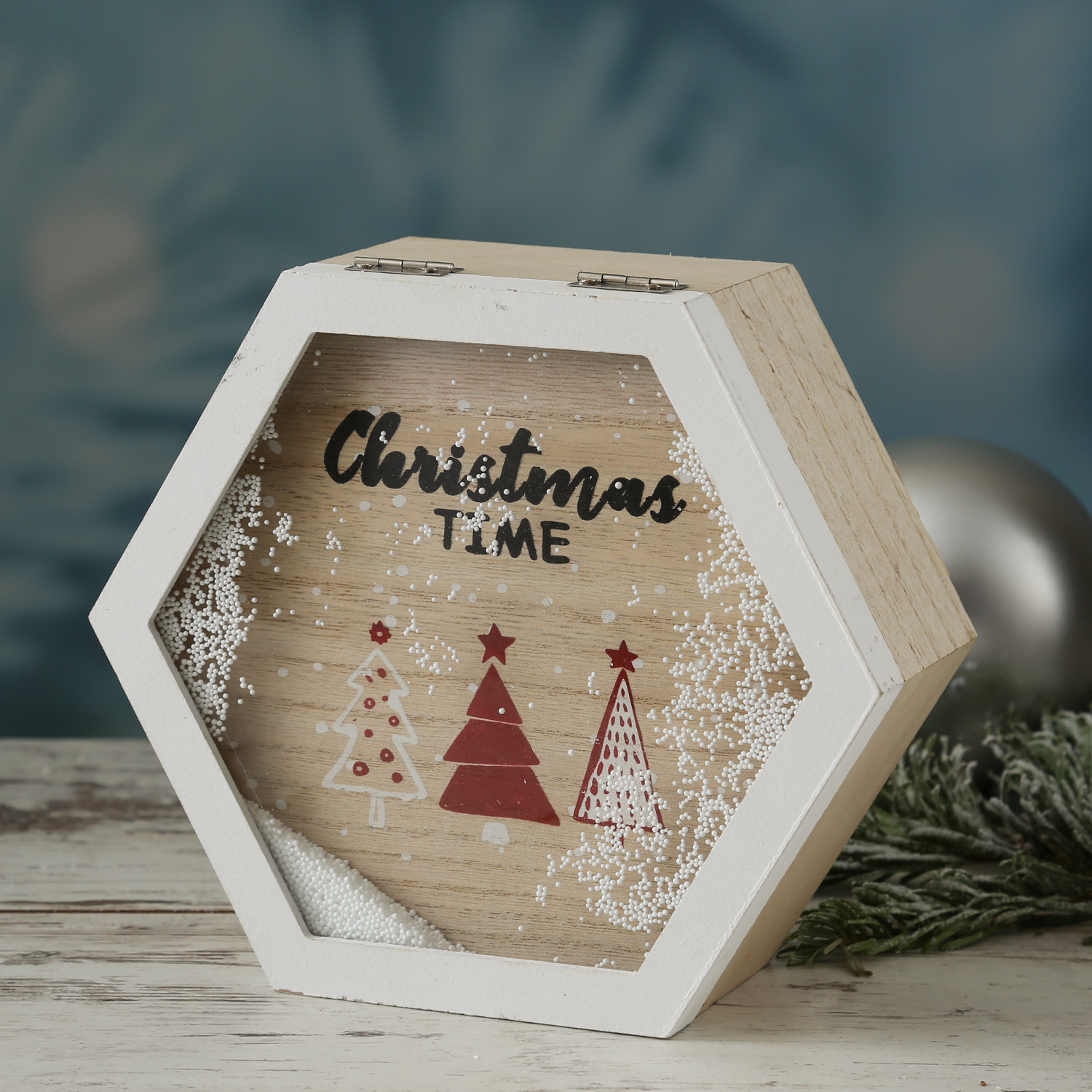 Holzbox CHRISTMAS TIME - Schneefenster mit Weihnachtsbäumen - L: 20cm - weiß