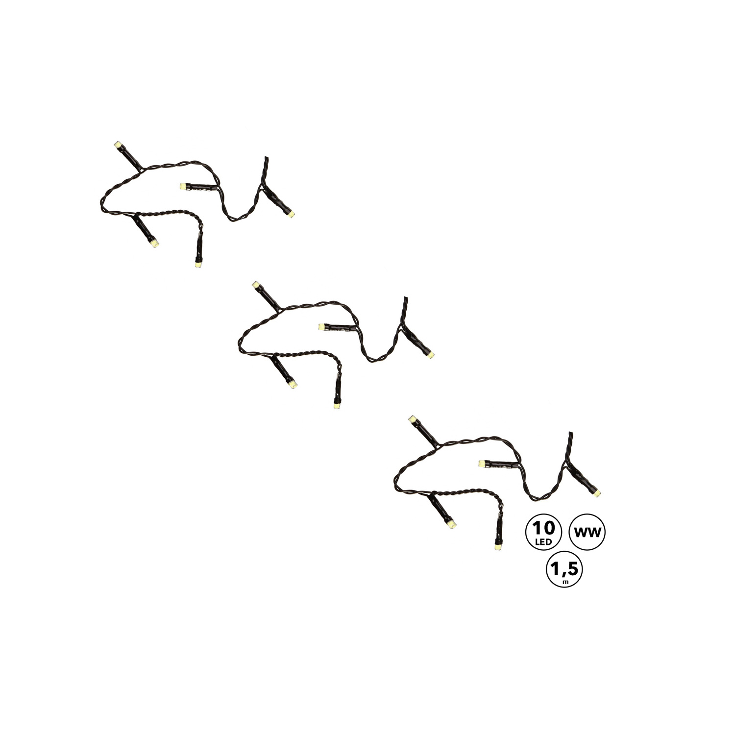 LED Lichterkette - 10 kaltweiße LED - Batteriebetrieb - L:1,5m - Innen - schwarzes Kabel - 3er Set