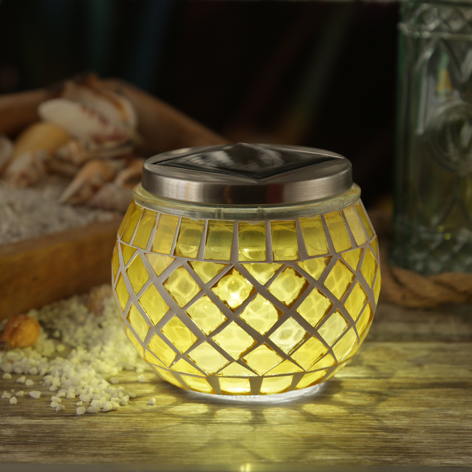 LED Solar Windlicht - Mosaik Solarglas - kaltweiße LED - Lichtsensor - H: 9cm - für Außen - gelb