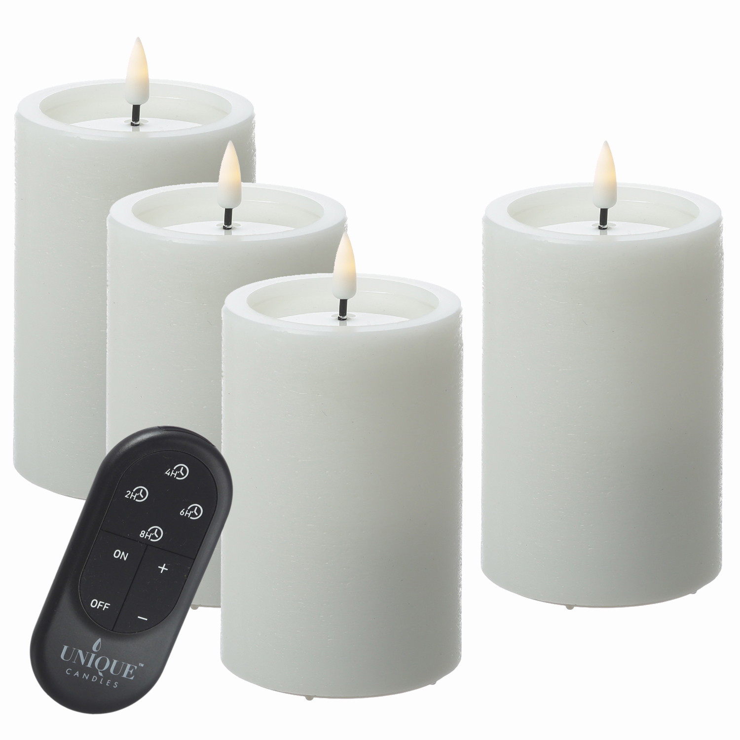 LED Kerzenset UNIQUE - Rustik-Optik - H: 12,5cm - mit Batterien und Fernbedienung - weiß - 4er Set