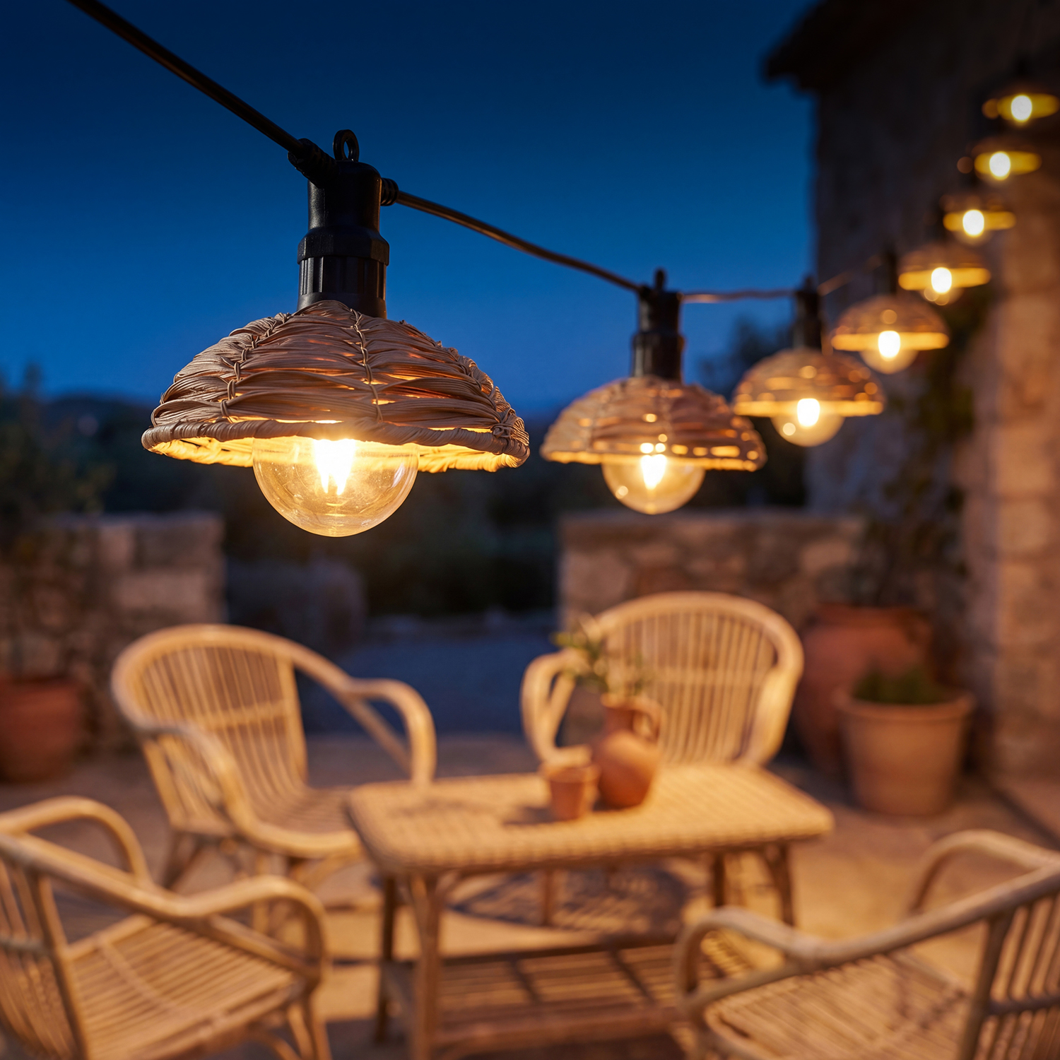 LED Lichterkette BOHO - 6 beluchtete Lampenschire in Korbgeflecht-Optik aus Kunststoff - L: 3,5m