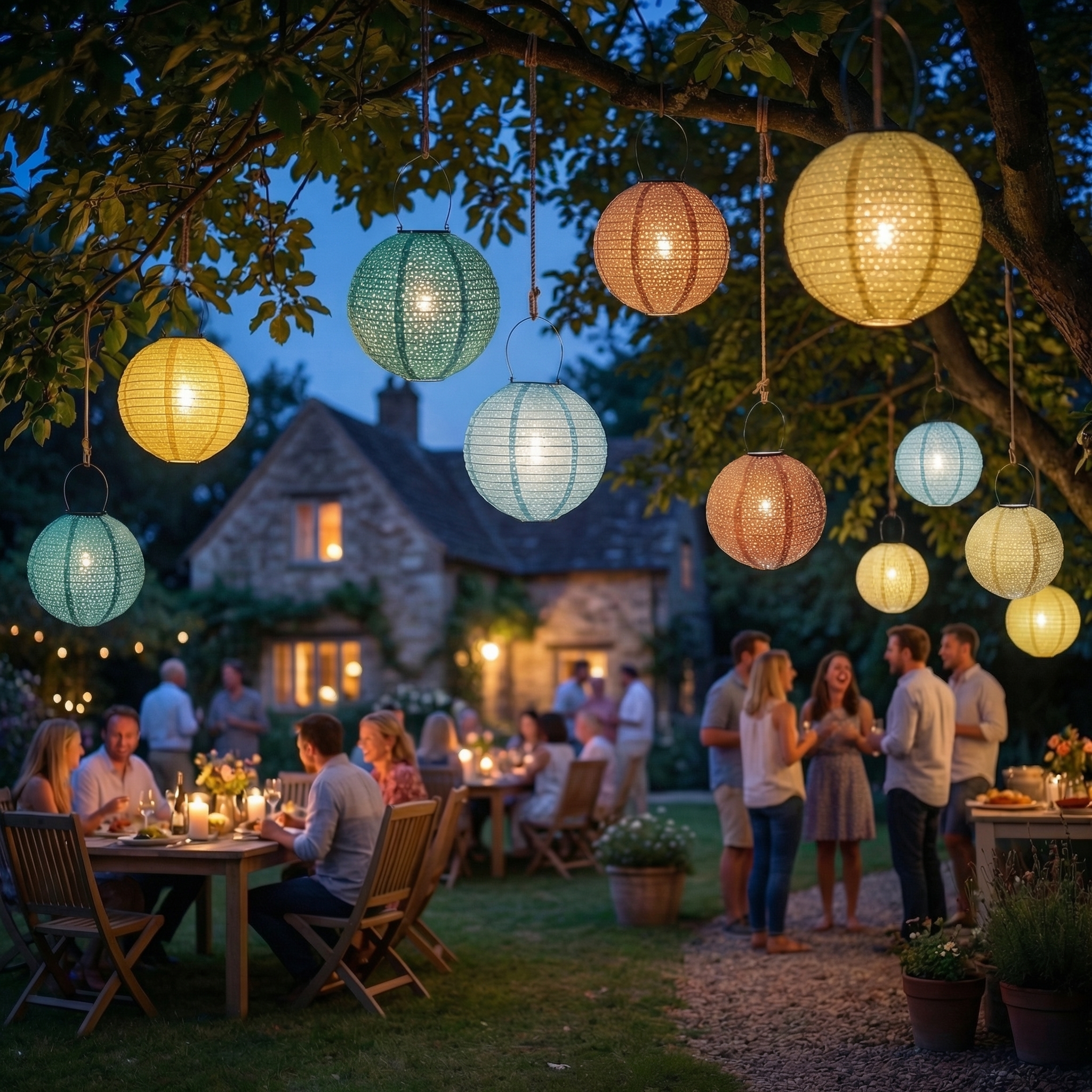 LED Solar Lampion - mit Blumenmuster - H: 25cm D: 25cm - Lichtsensor - salbeigrün - 2er Set