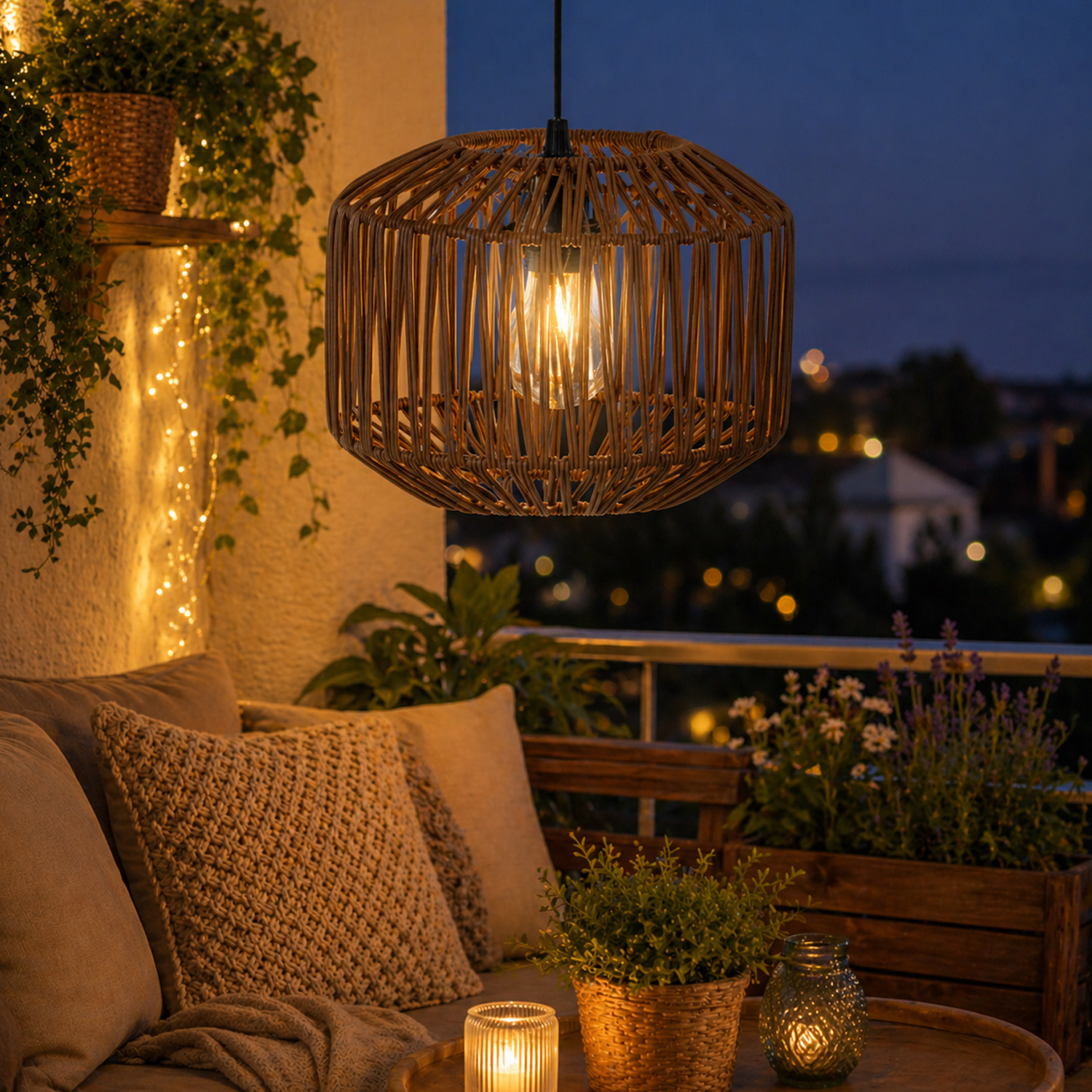 LED Hängeleuchte - Lampenschirm aus Kunststoffseil - D: 24,5cm - Batterie - Timer - outdoor