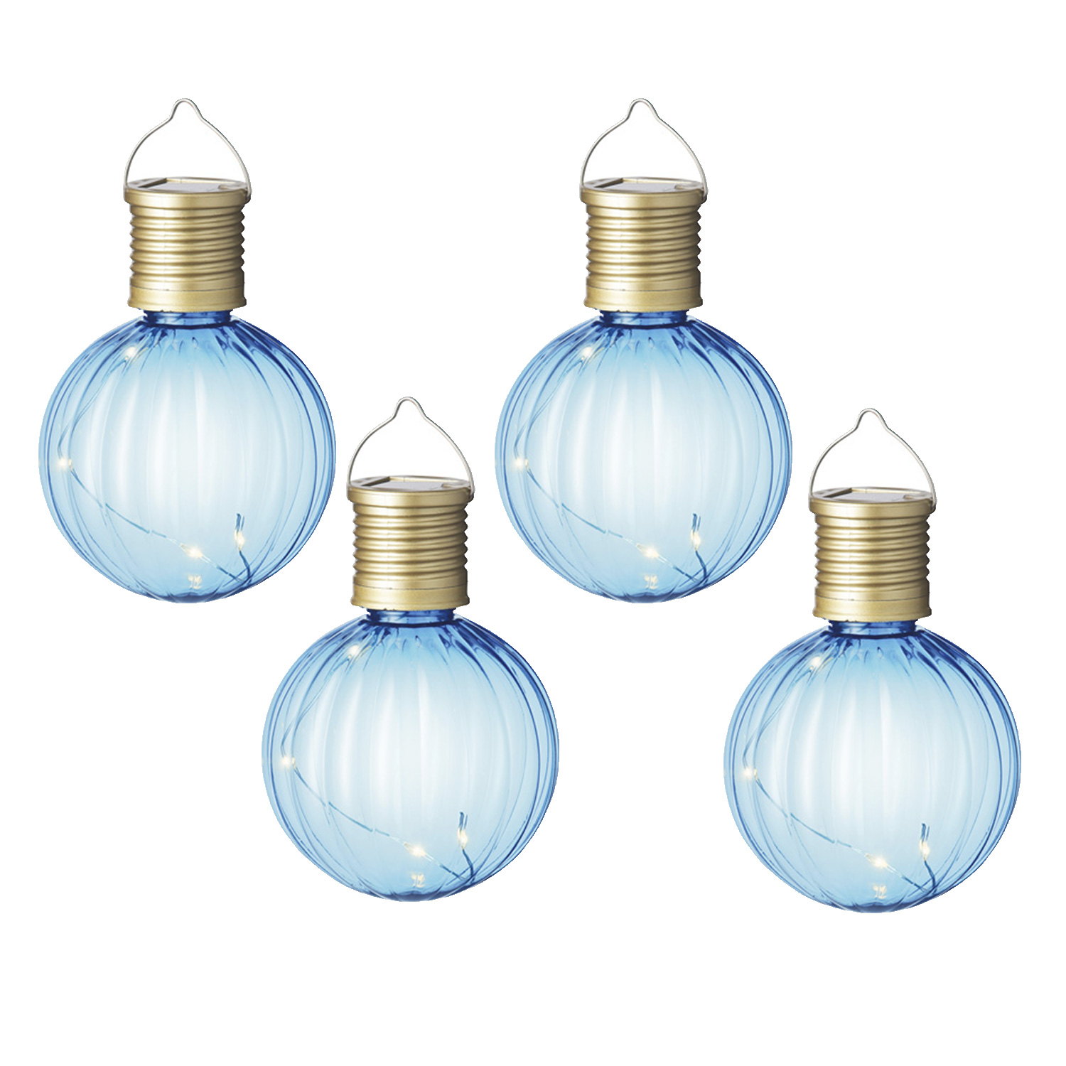 LED Solar Glühbirnen GLOW - Kugelleuchten - wamweiße LED - H: 11cm - Lichtsensor - blau - 4er Set