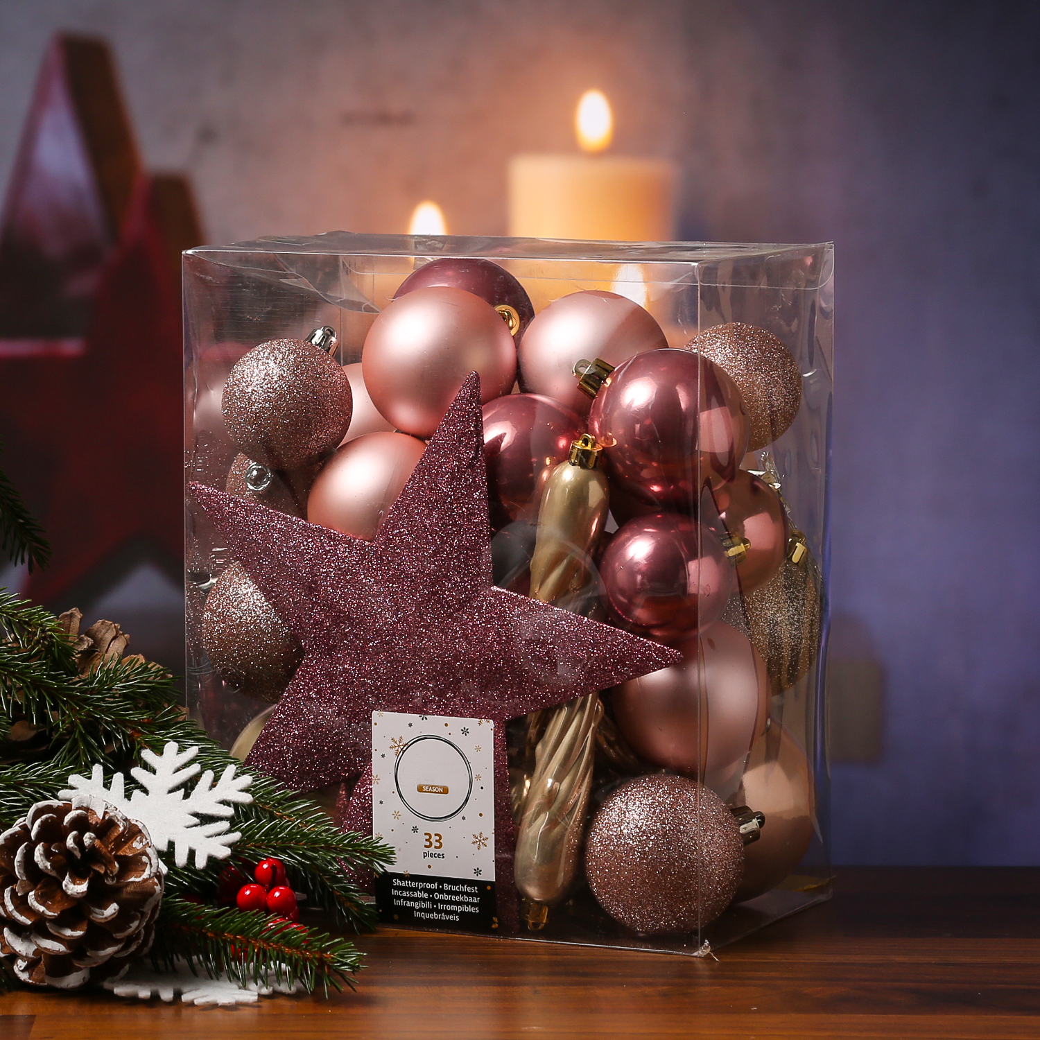 Christbaumkugeln - Weihnachtsbaumkugeln mit Stern Baumspitze - bruchfest - creme, rosa - 33er Set