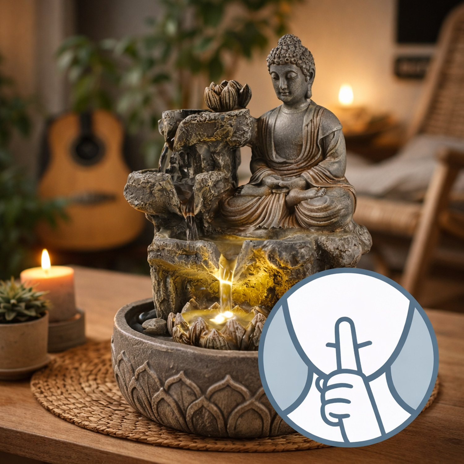 Brunnen LED Buddhafigur Kaskaden Zimmerbrunnen H: 25cm Tischbrunnen
