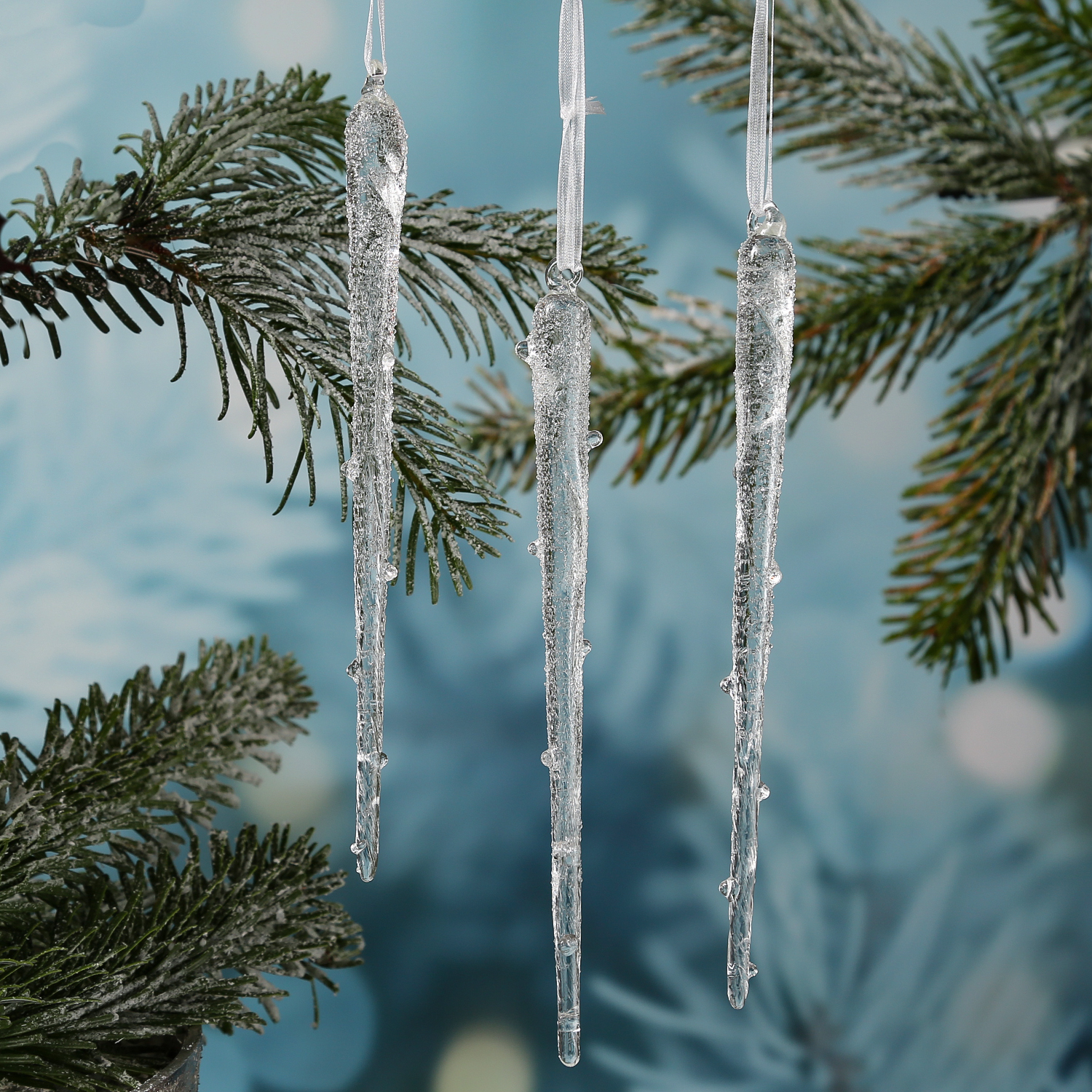 Weihnachtsbaumschmuck EISZAPFEN - Glas - inkl. Aufhänger - gefrostet - H: 20cm - transparent - 3er Set