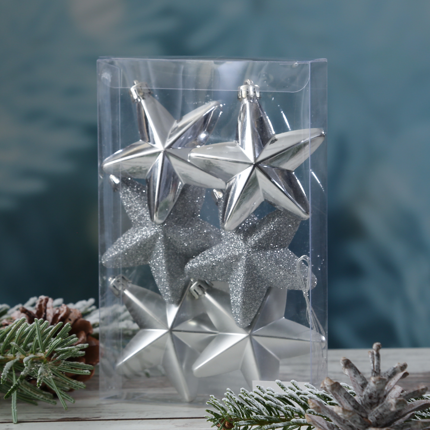 Christbaumschmuck STERN - Weihnachtsschmuck - bruchfest - glänzend matt glitzernd - silber - 6 Stk.