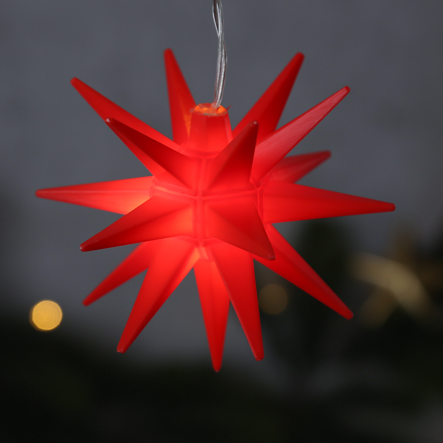 LED Lichterkette 3D Sterne - 5 warmweiße LED - L: 1,60m - Timer - Batterie - für Außen - rot
