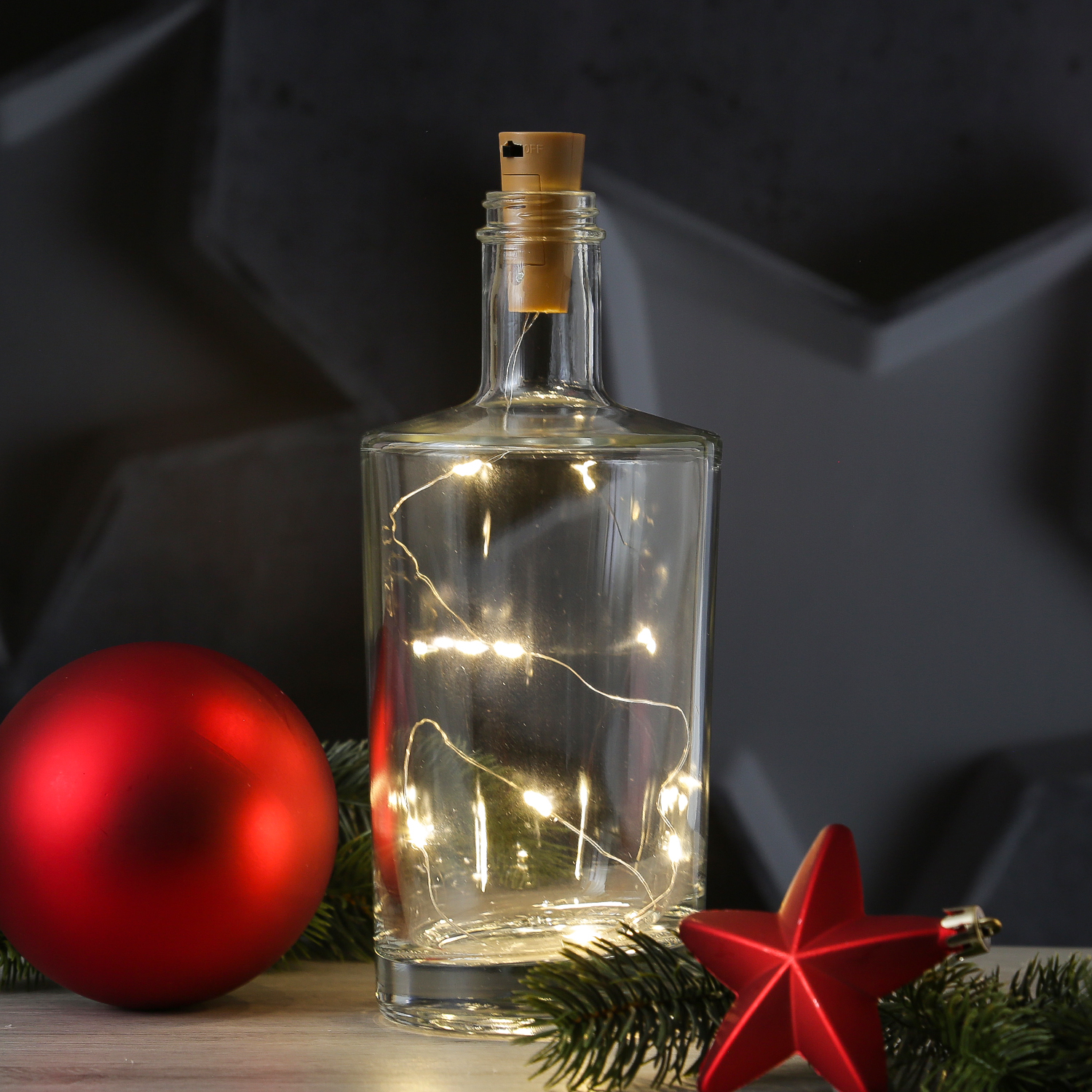 LED Drahtlichterkette KORKEN - für Flaschen - Flaschenlicht - 6 warmweiße LED - 55cm - mit Batterien
