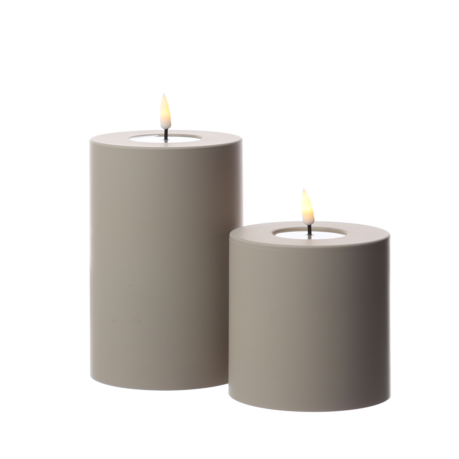 LED Stumpenkerze MIA - Kunststoff - realistische 3D Flamme - H: 10cm - D: 10cm - für Außen - sand