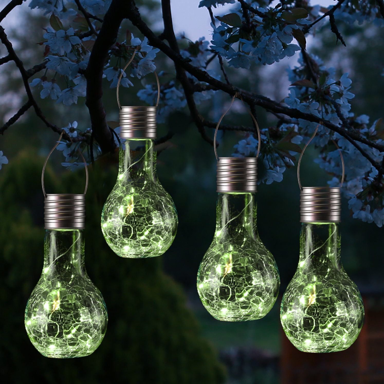 LED Solar Glühbirne CRACKLE GLOW - warmweiße LED Drahtlichterkette - H:17cm - Lichtsensor - grün