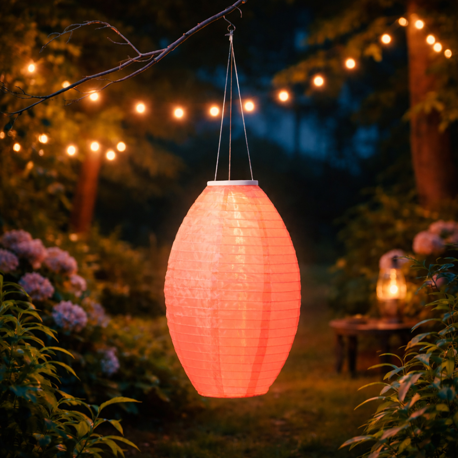LED Solar Lampion oval - warmweiße LED - H: 33cm - D: 22cm - Lichtsensor - pink